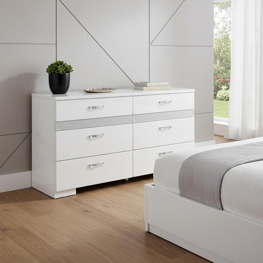 63" White High Gloss Manufactured Wood Eight Drawer Double Dresser