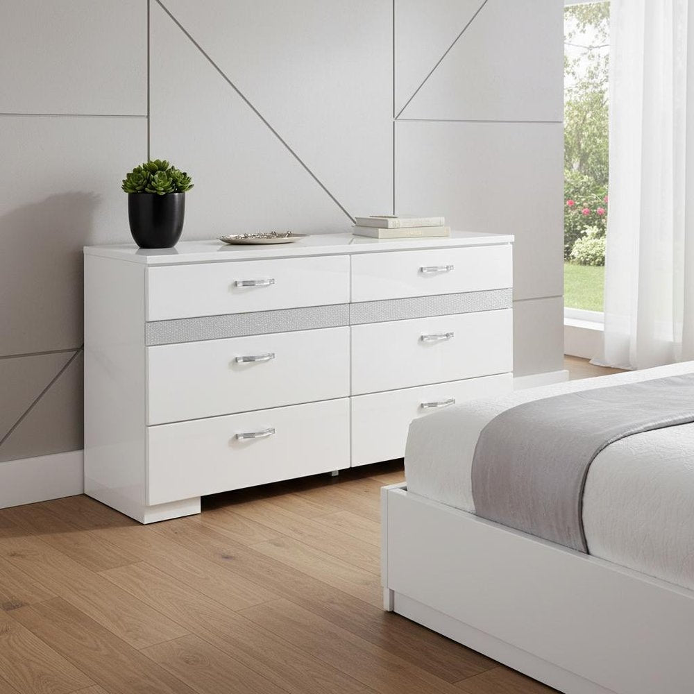 63" White High Gloss Manufactured Wood Eight Drawer Double Dresser