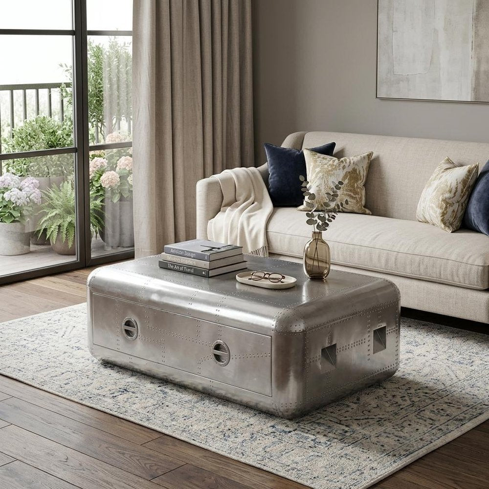 52" Silver Aluminum Solid Coffee Table With Drawer