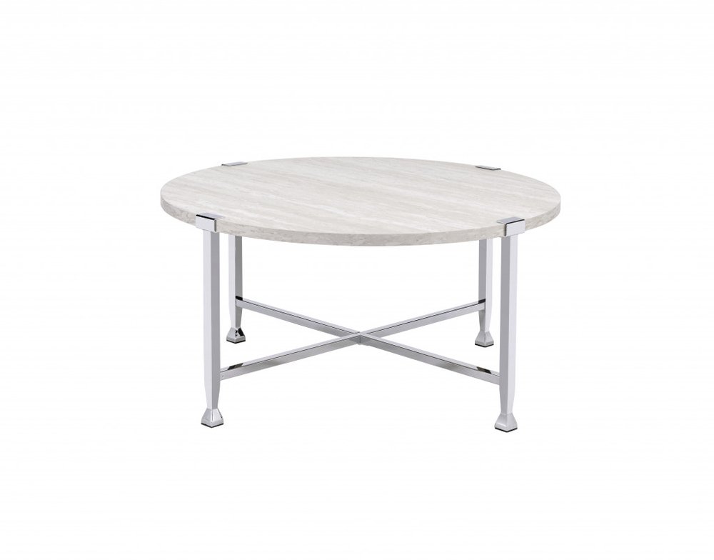 36" White and Silver Metal Round Cross Legs Coffee Table