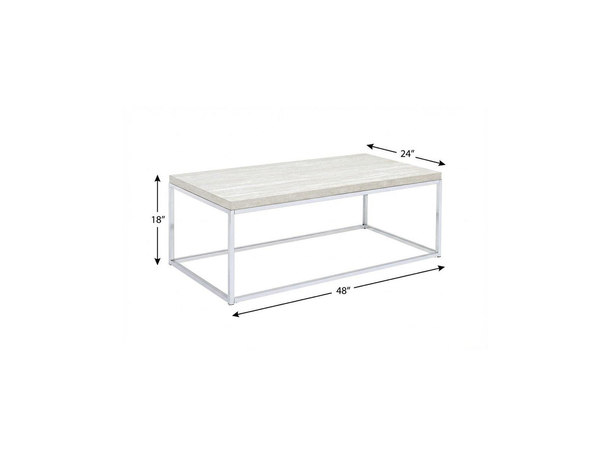 48" Chrome And White Oak Manufactured Wood And Metal Rectangular Coffee Table