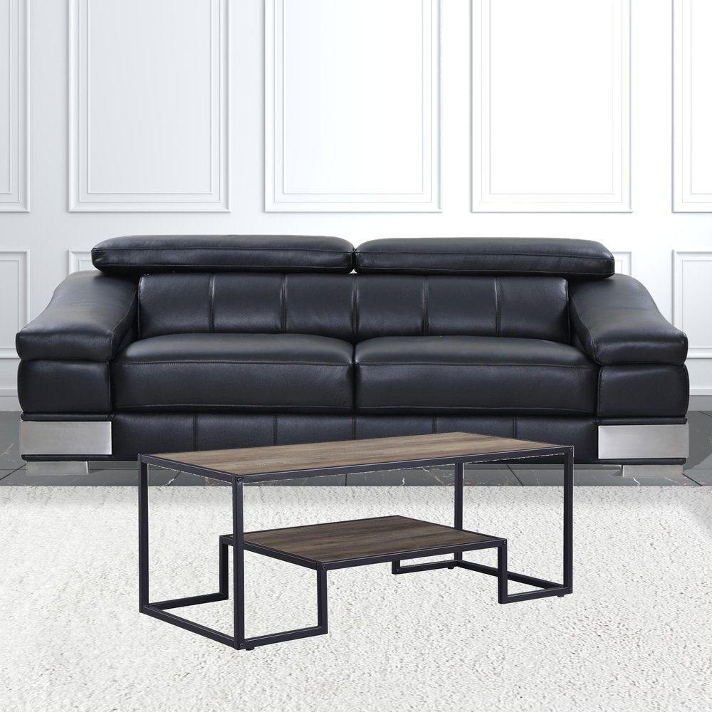 45" Brown and Black Metal Sled Coffee Table With Shelf