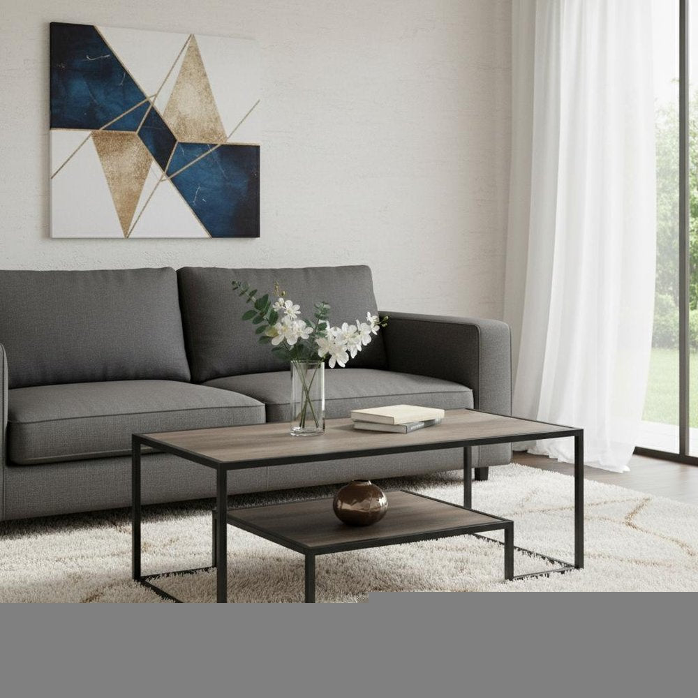 45" Brown and Black Metal Sled Coffee Table With Shelf