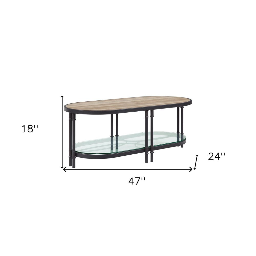47" Natural Metal Oval Sled Coffee Table With Shelf