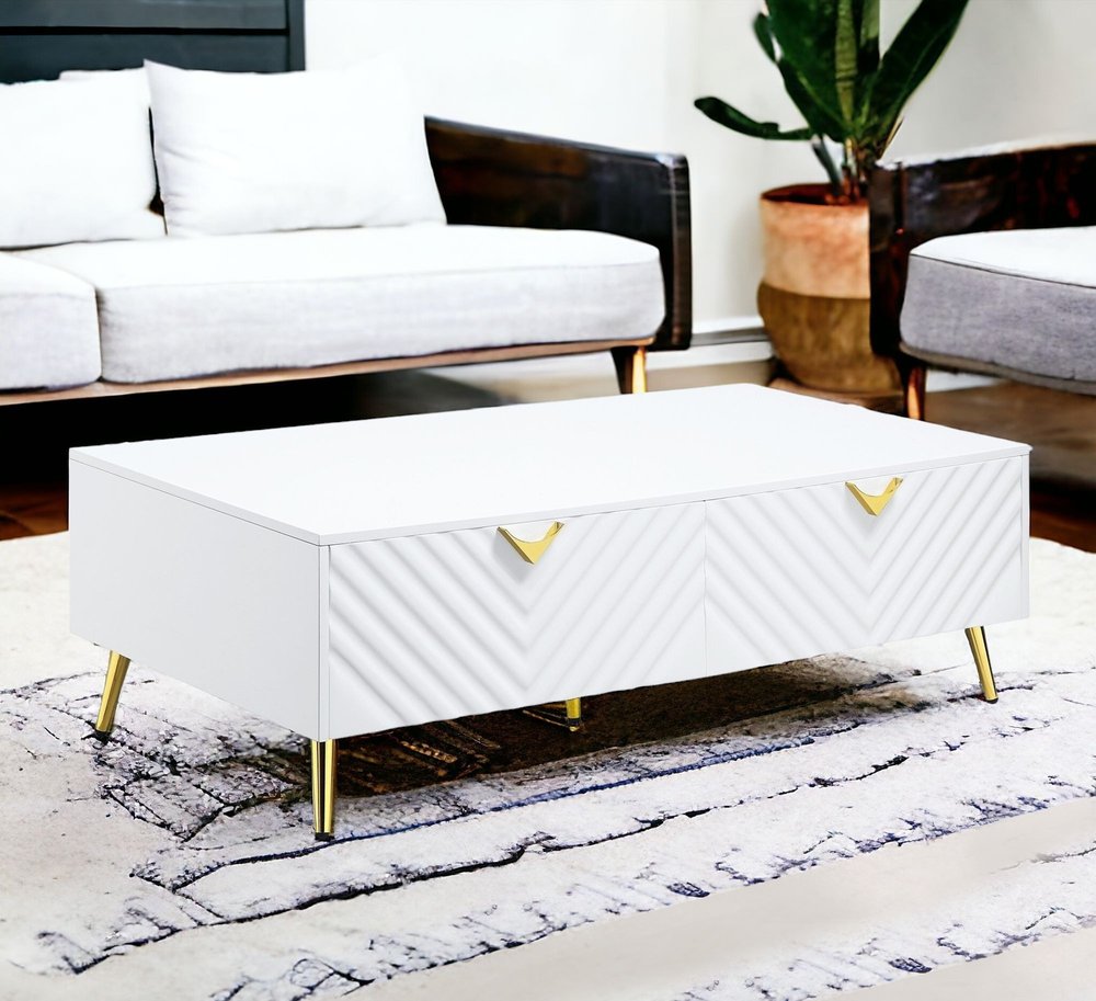 53" White Wood And Metal Coffee Table With Four Drawers