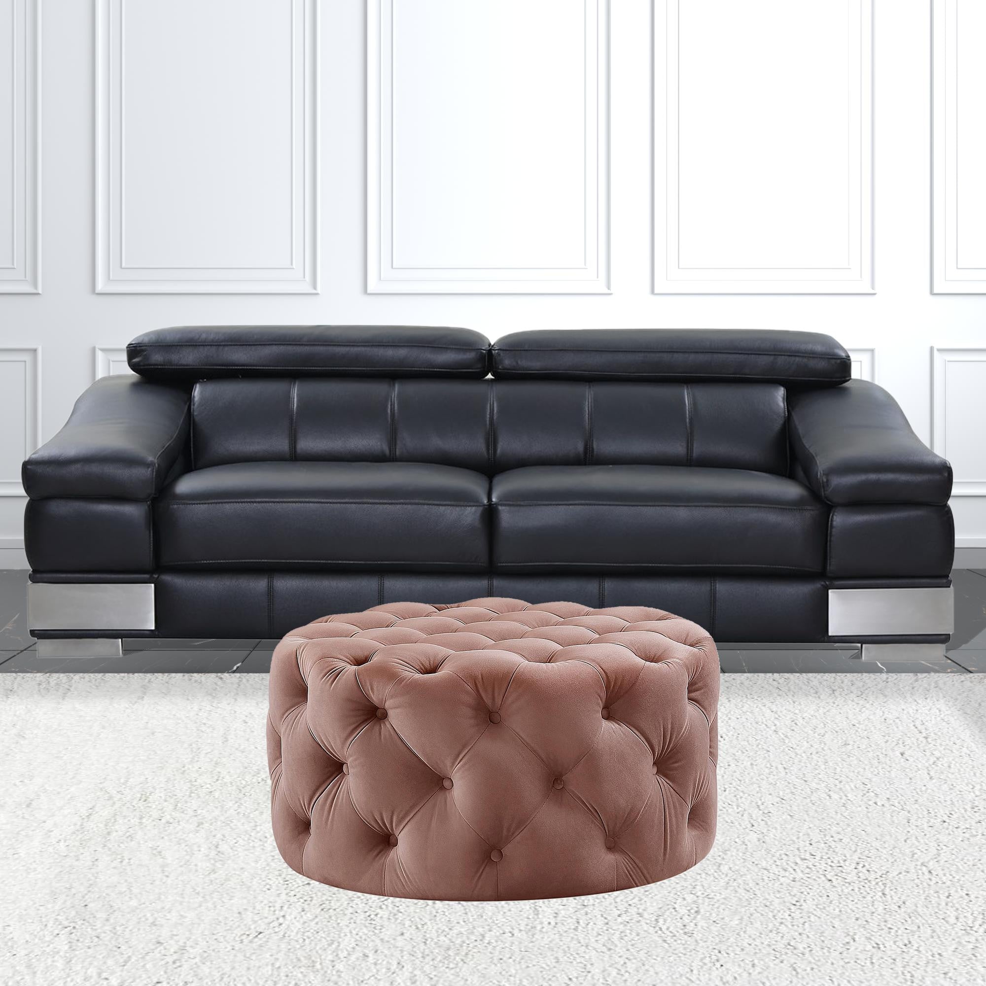 33" Beige Linen  Rolling Tufted Round Cocktail Ottoman