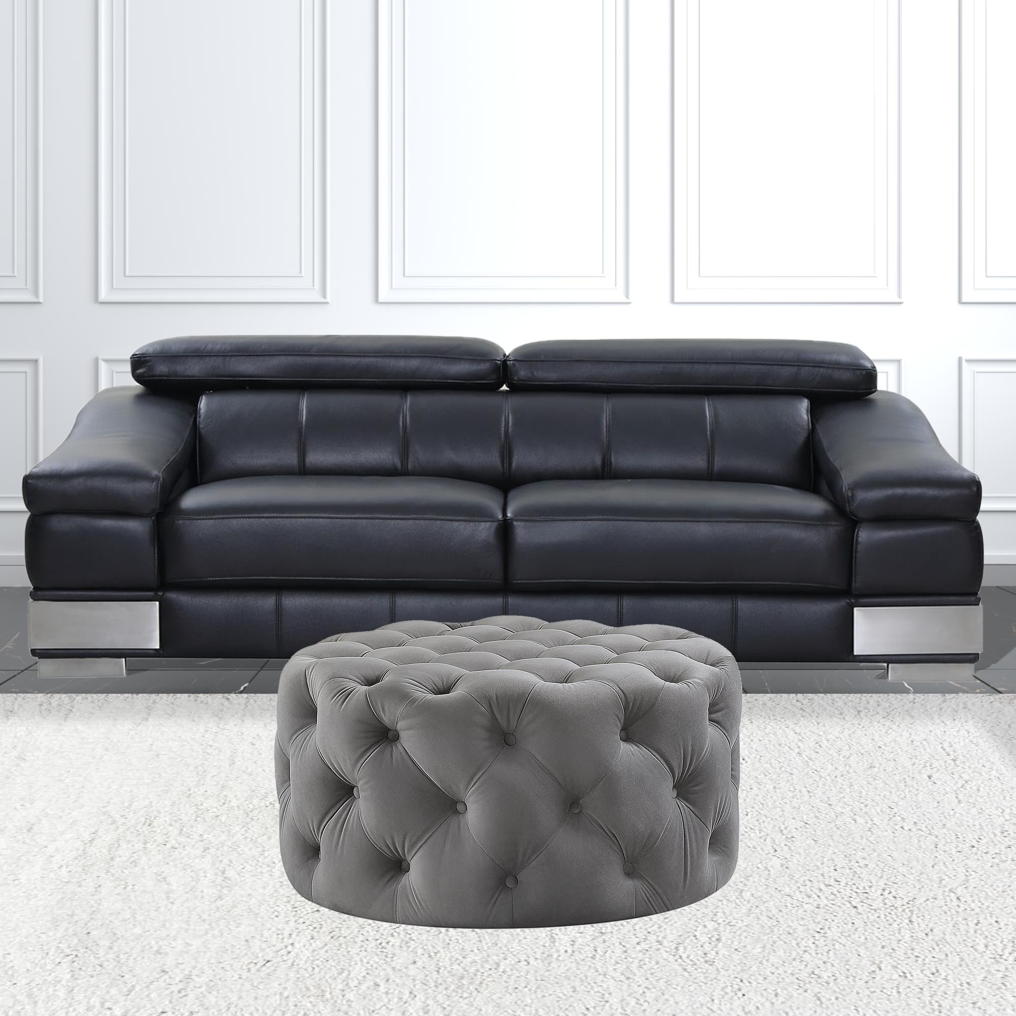 33" Beige Linen  Rolling Tufted Round Cocktail Ottoman