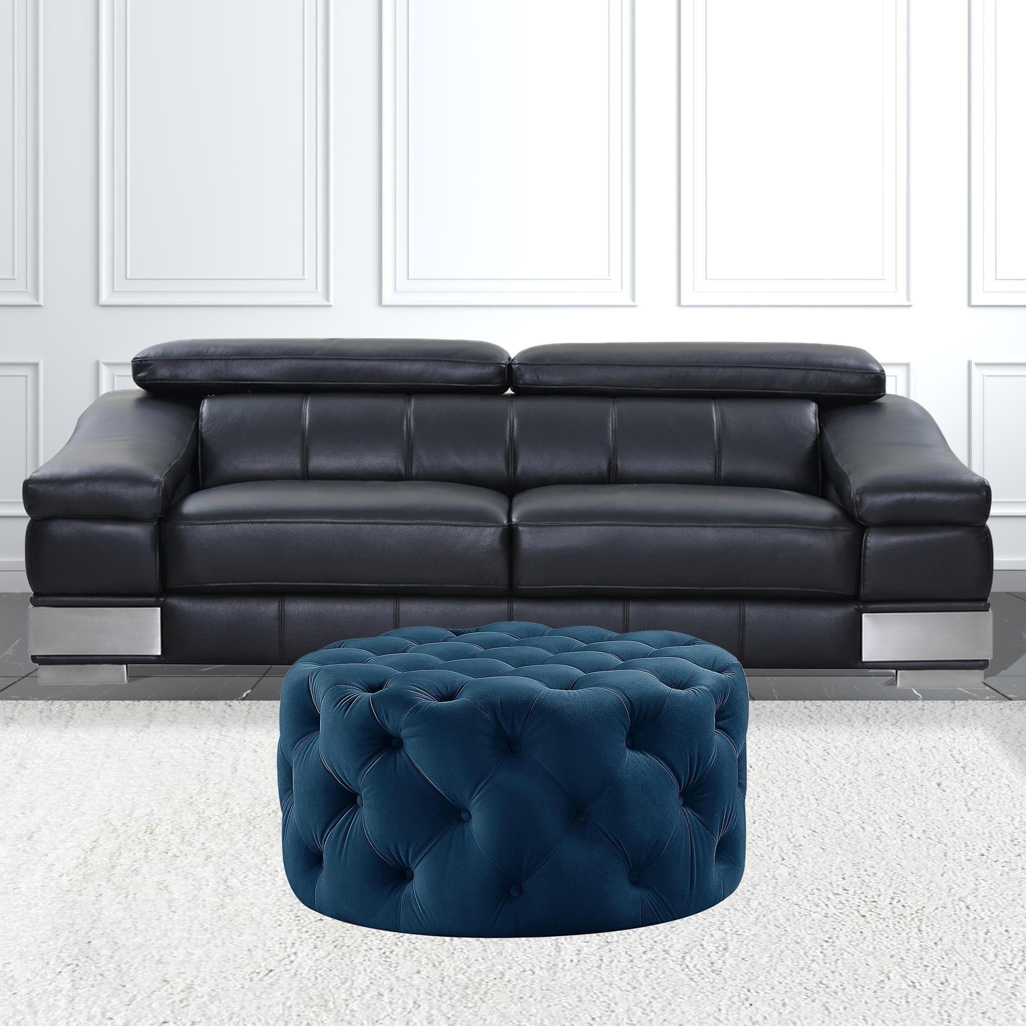 33" Beige Linen  Rolling Tufted Round Cocktail Ottoman