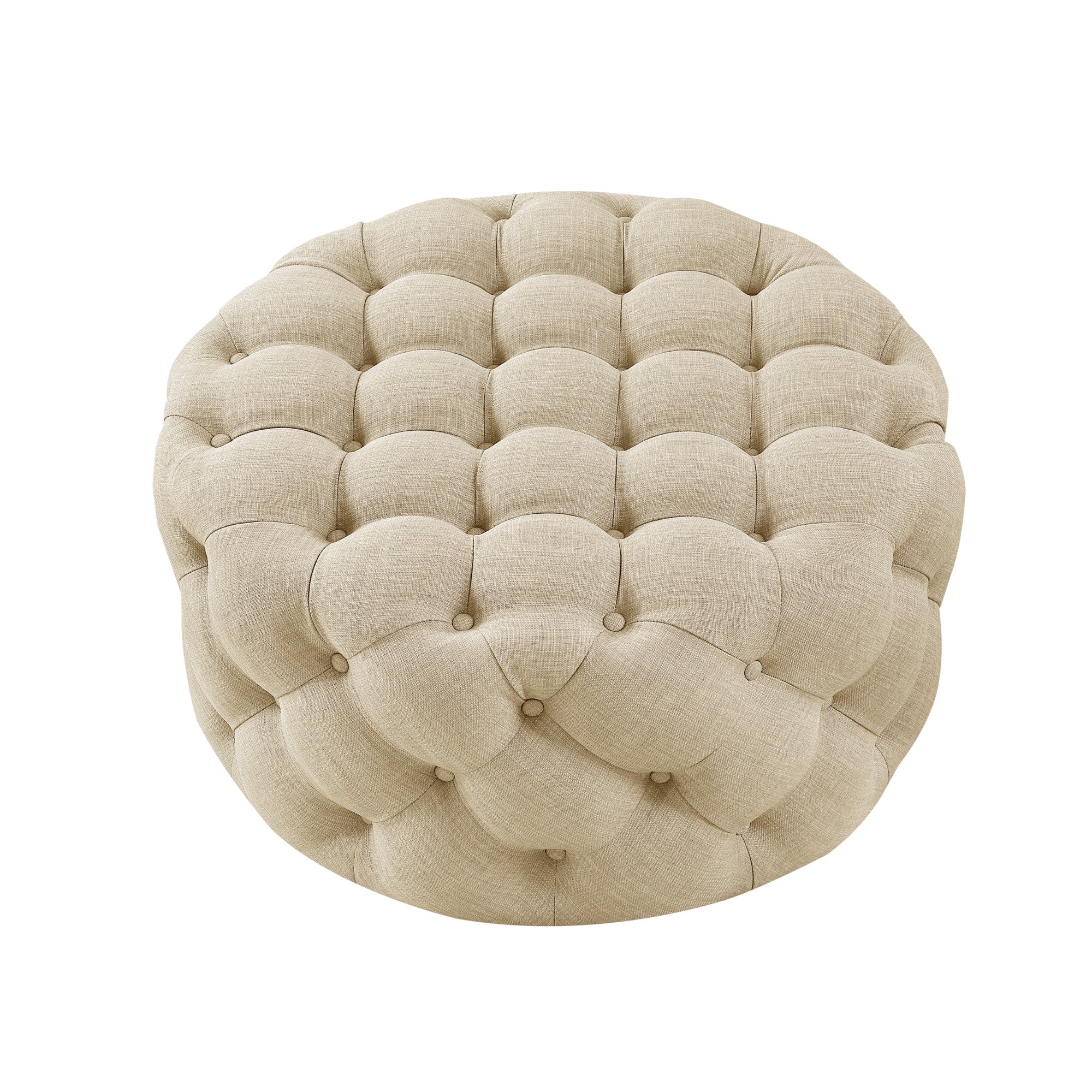 33" Beige Linen  Rolling Tufted Round Cocktail Ottoman