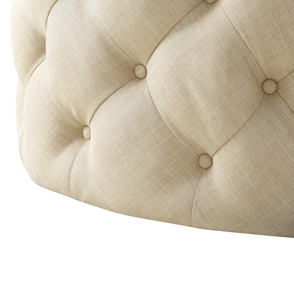 33" Beige Linen  Rolling Tufted Round Cocktail Ottoman