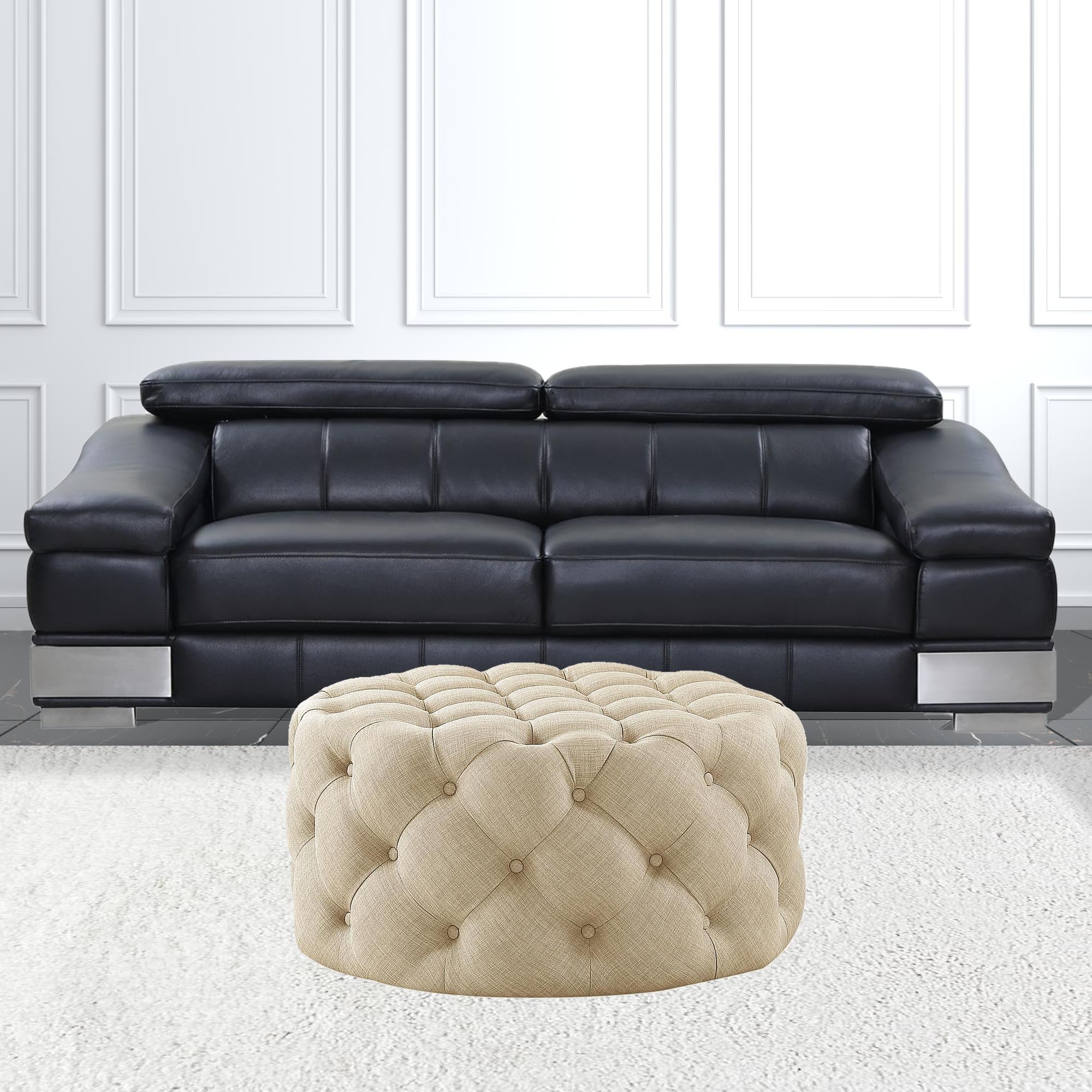 33" Beige Linen  Rolling Tufted Round Cocktail Ottoman