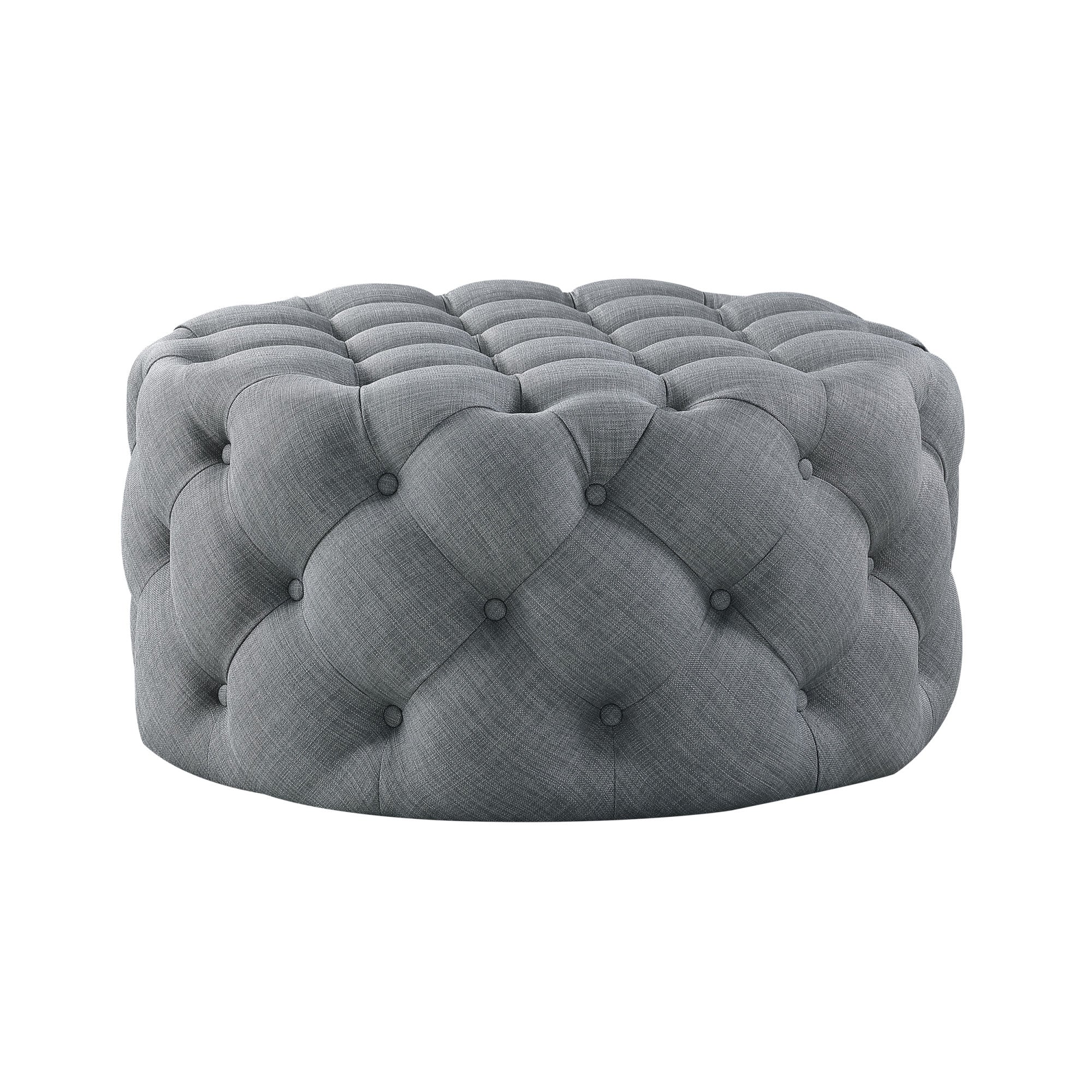 33" Beige Linen  Rolling Tufted Round Cocktail Ottoman