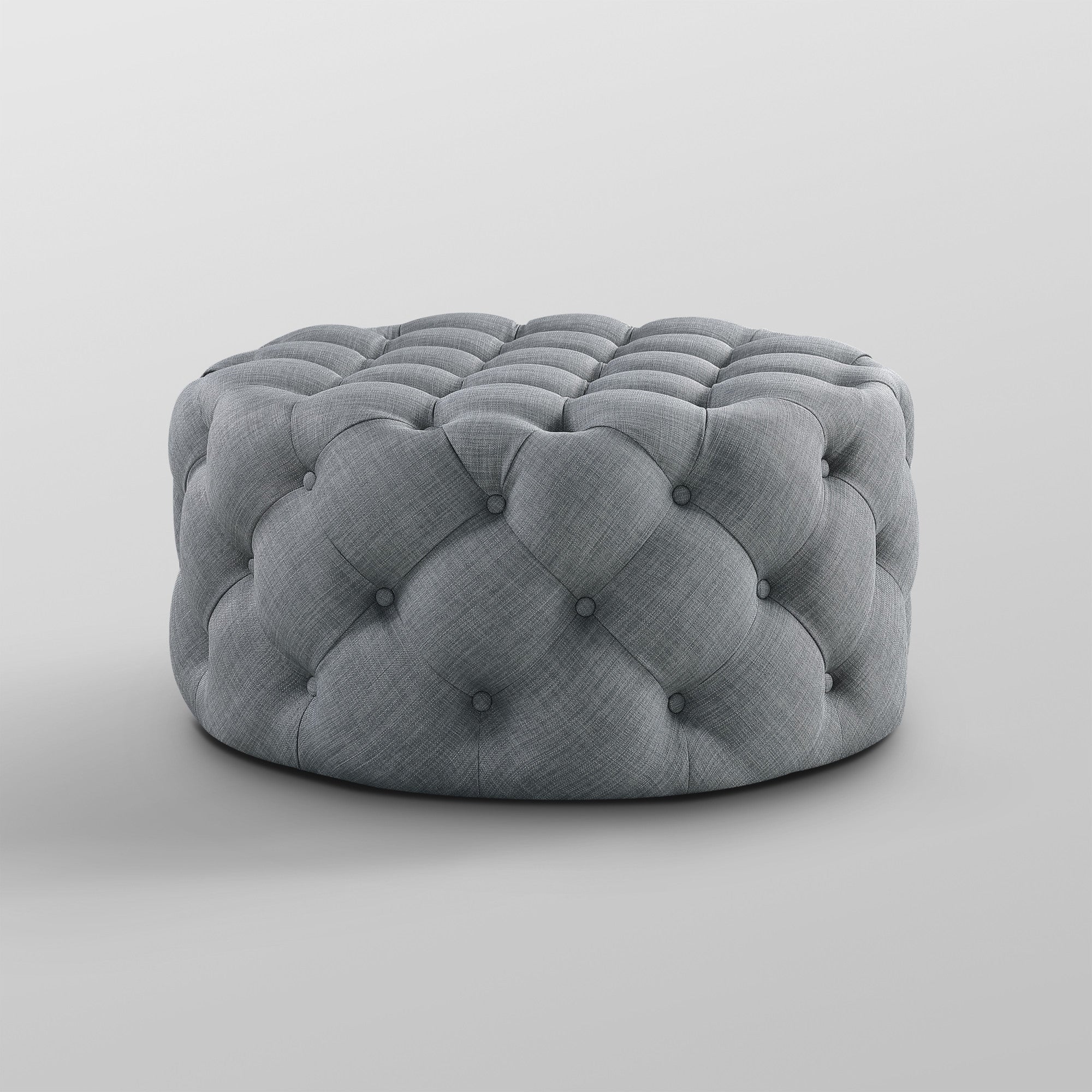 33" Beige Linen  Rolling Tufted Round Cocktail Ottoman