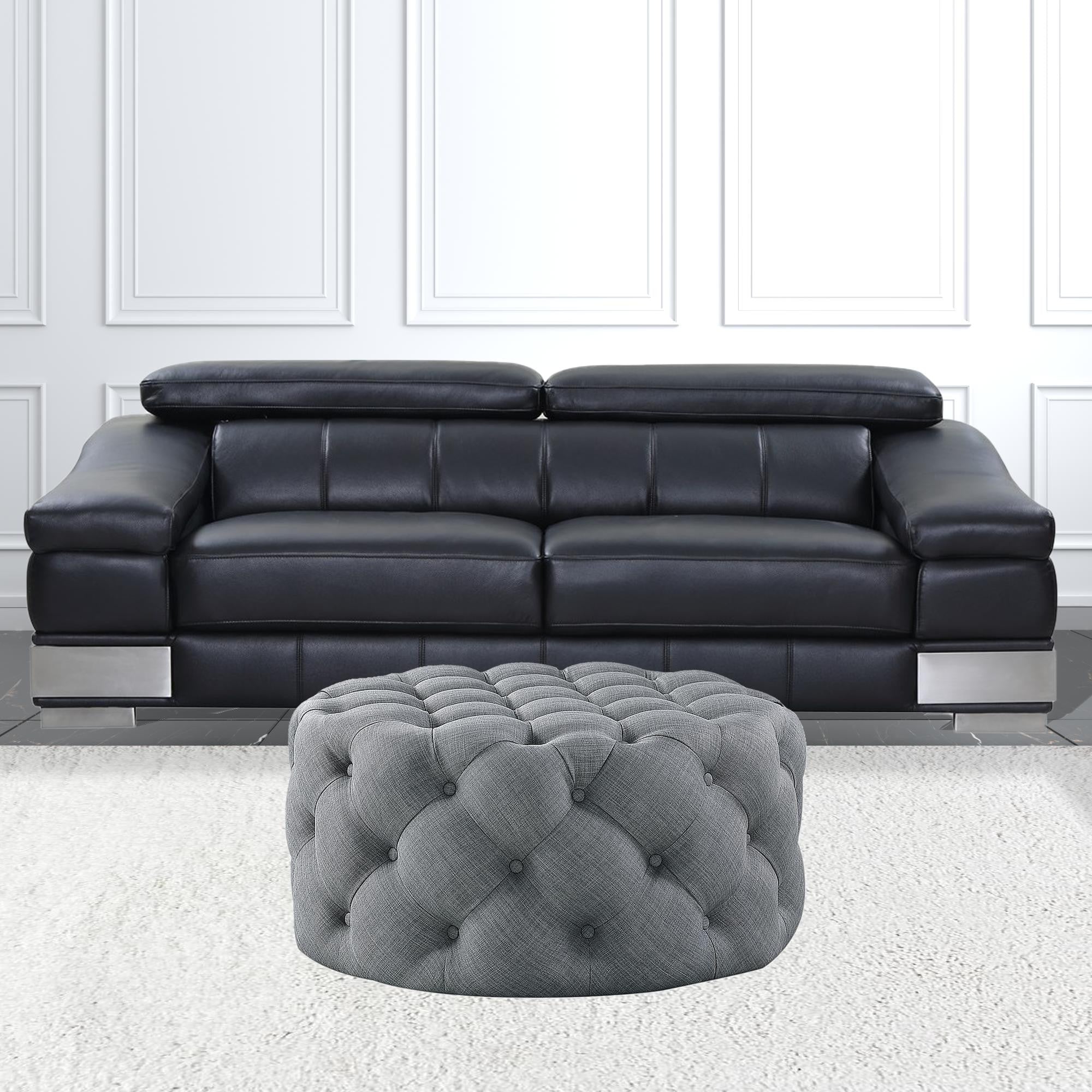 33" Beige Linen  Rolling Tufted Round Cocktail Ottoman