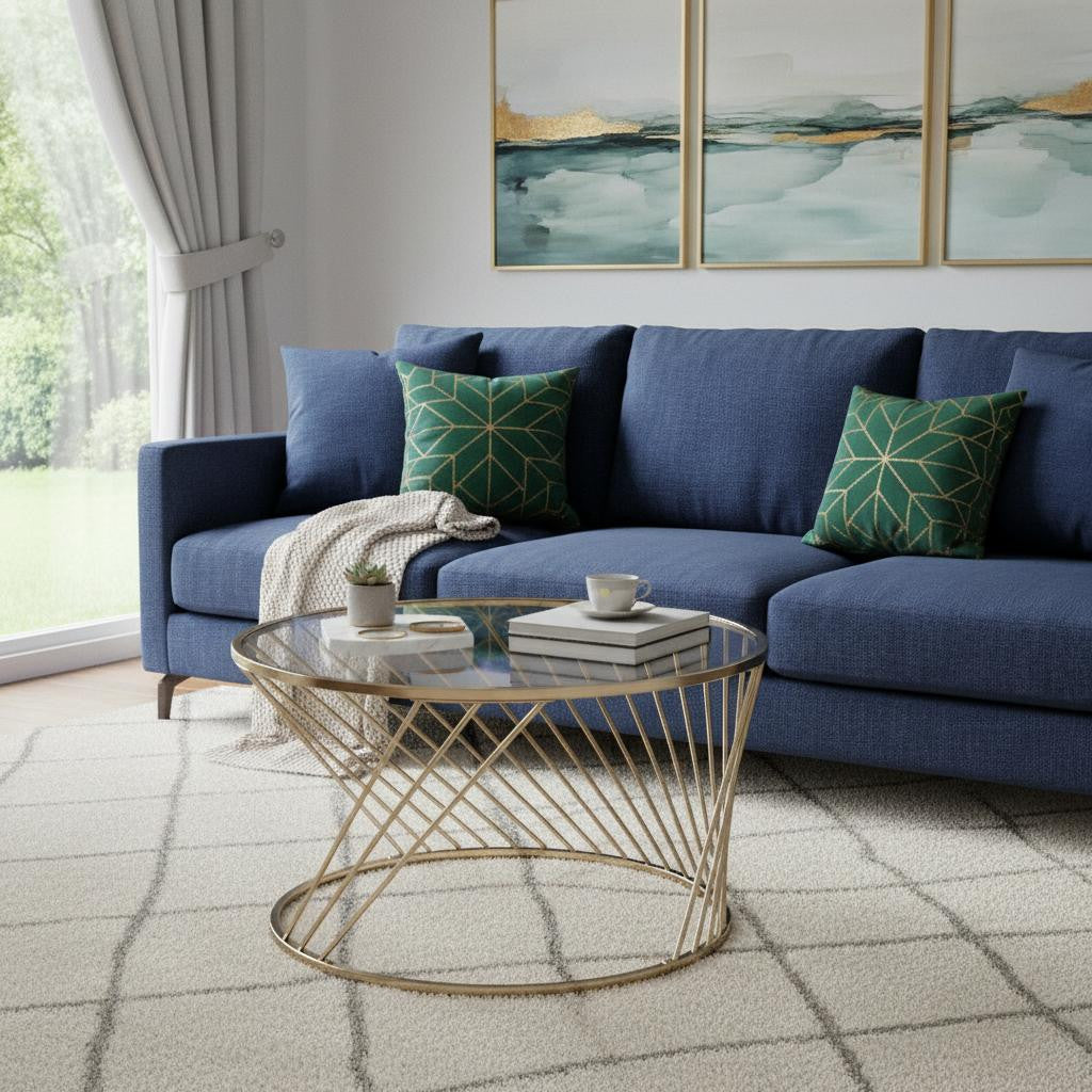 32" Clear and Champagne Glass And Metal Round Frame Coffee Table
