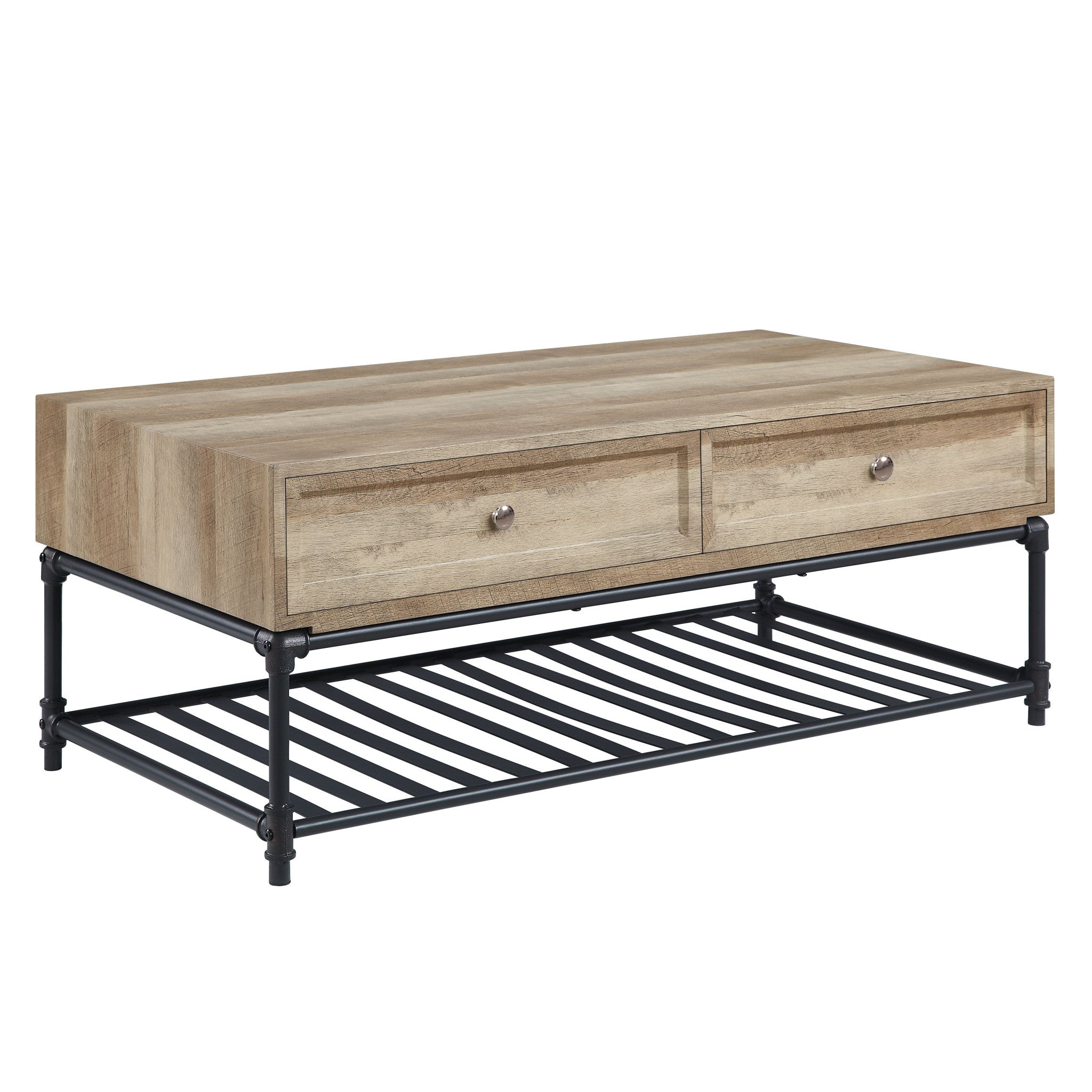 47" Oak and Brown Metal Coffee Table With Two Drawers And Shelf