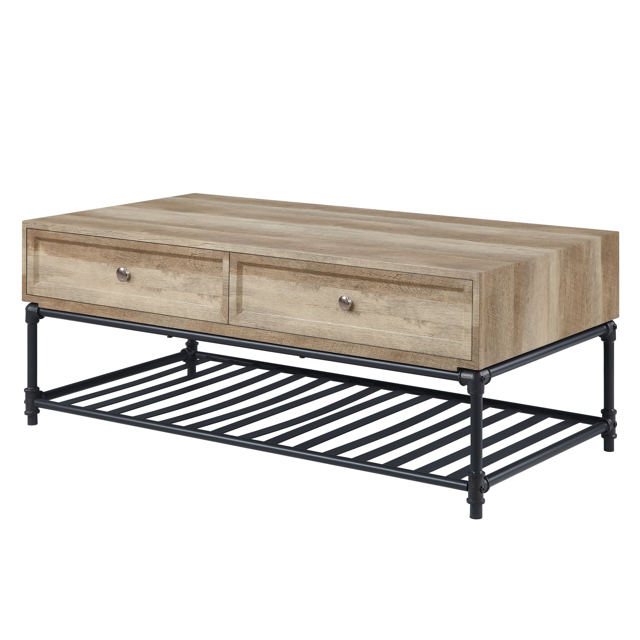 47" Oak and Brown Metal Coffee Table With Two Drawers And Shelf