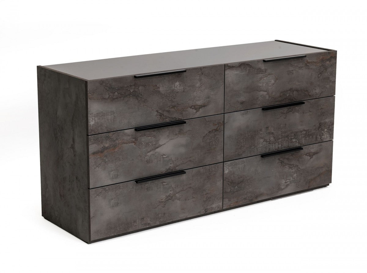 61" Grey Faux Marble Solid Manufactured Wood Six Drawer Double Dresser