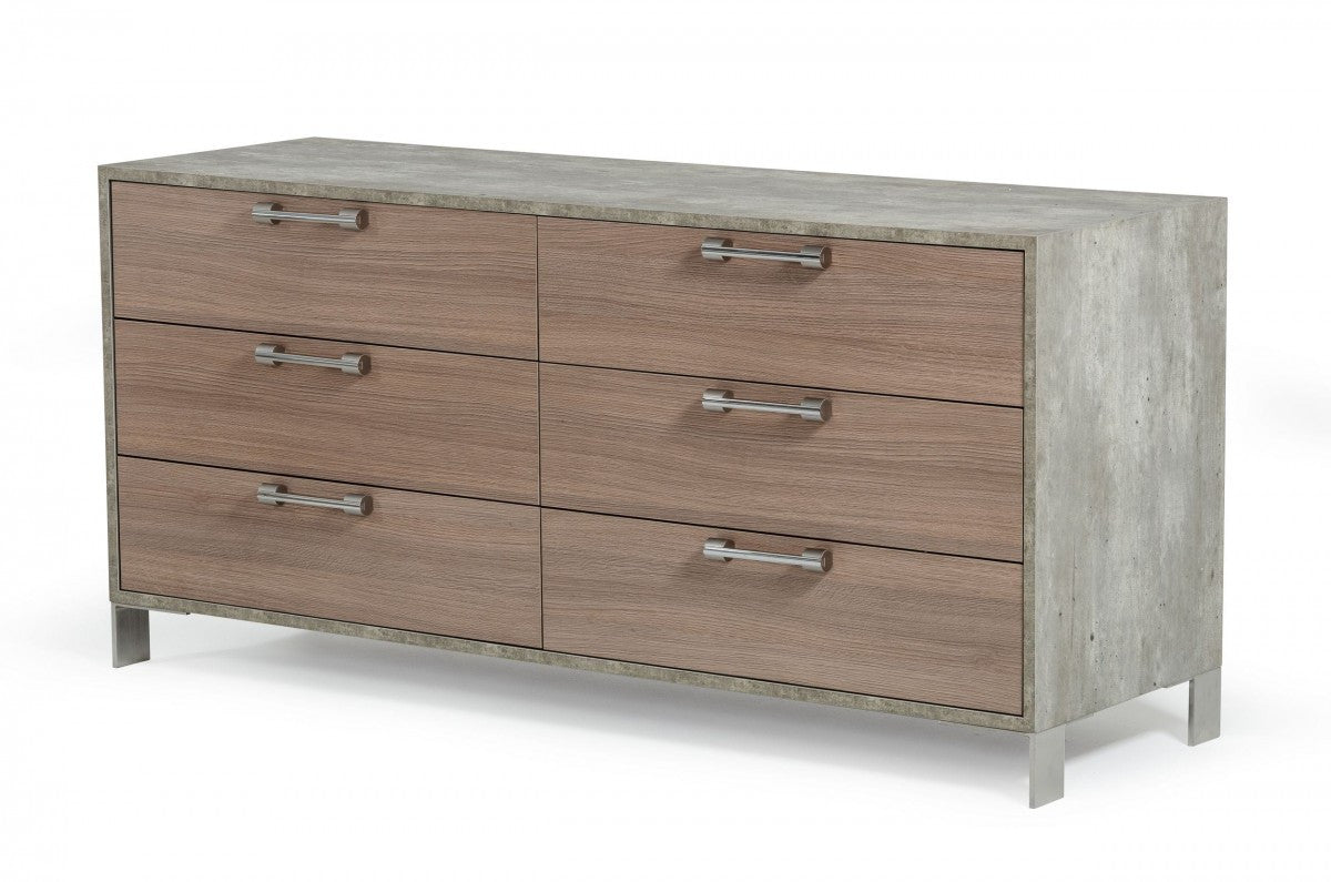 64" Brown Oak Grey Solid And Manufactured Wood Six Drawer Dresser