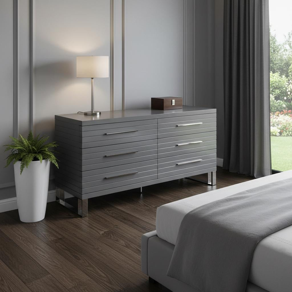 59" Grey Solid And Manufactured Wood Six Drawer Dresser