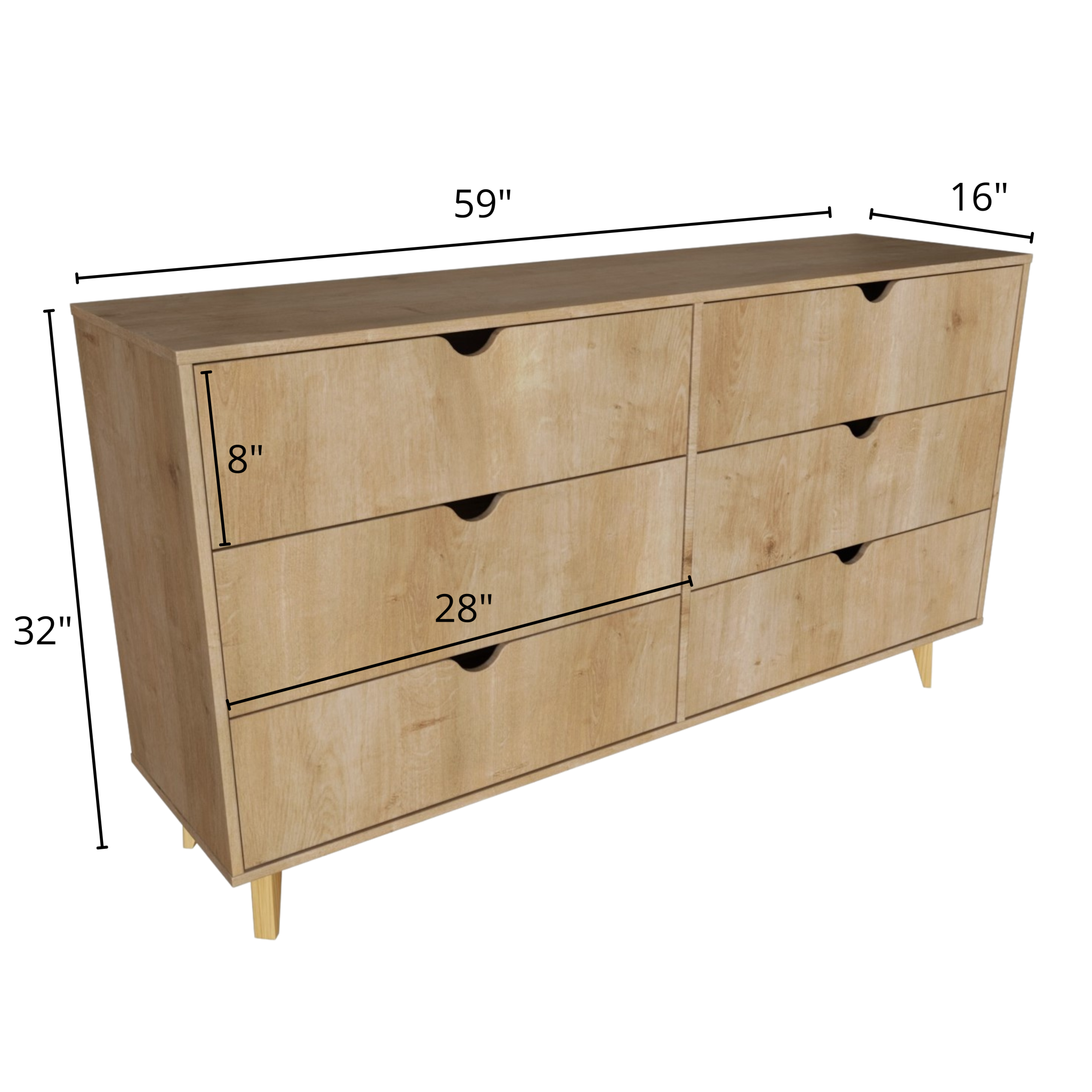 59" Natural Scoop Handle Six Drawer Double Dresser