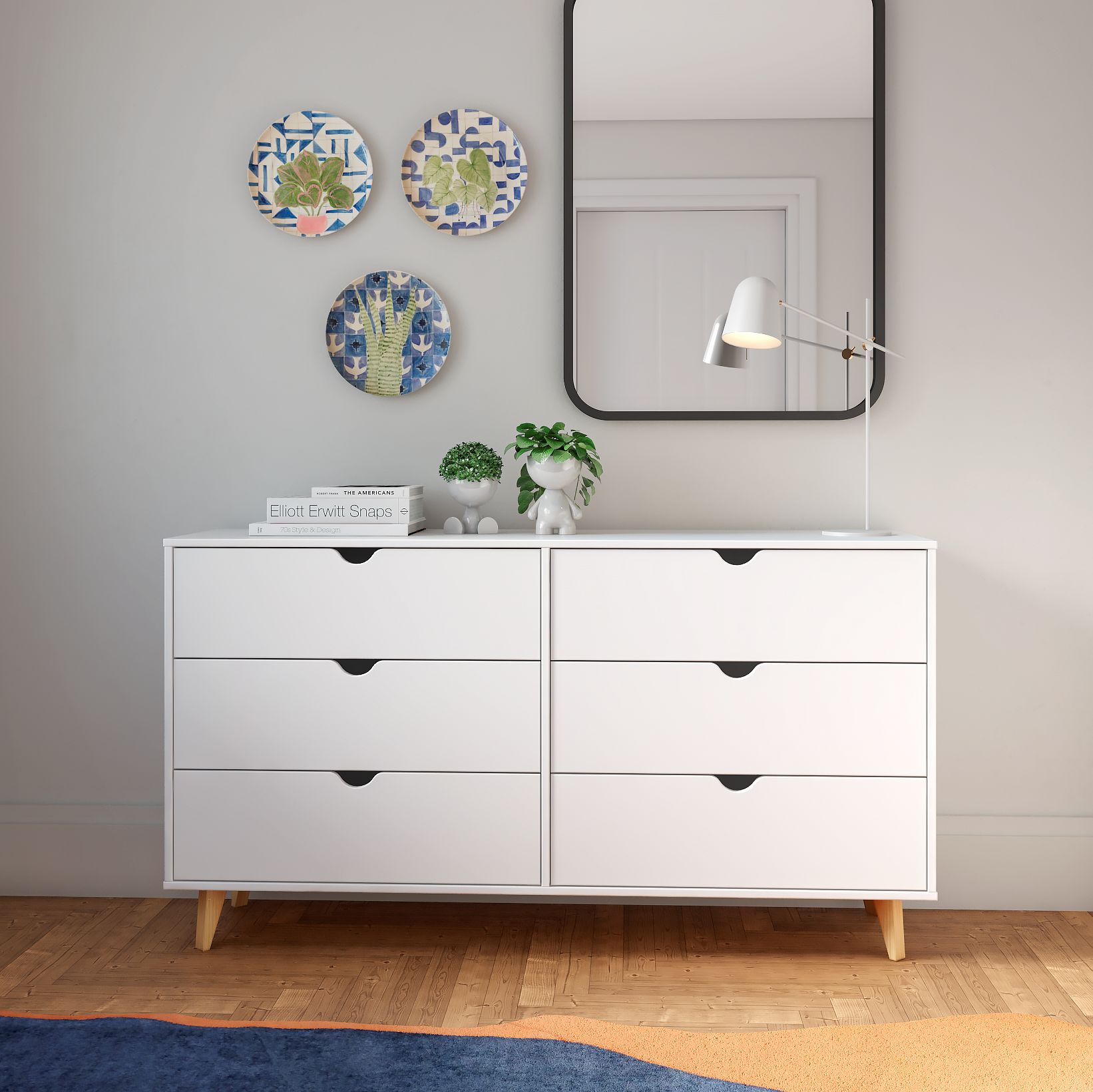 59" White Scoop Handle Six Drawer Double Dresser
