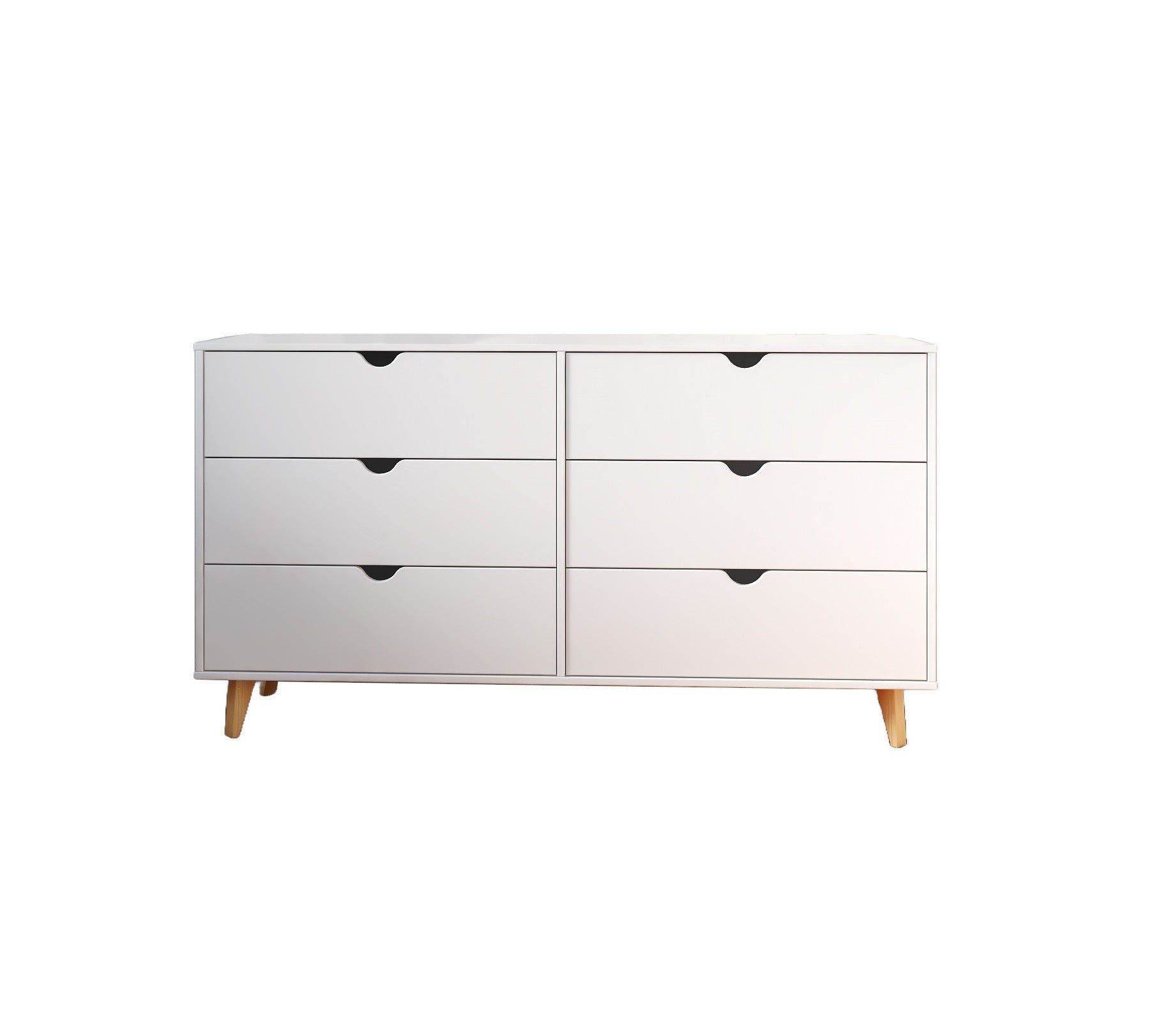 59" White Scoop Handle Six Drawer Double Dresser