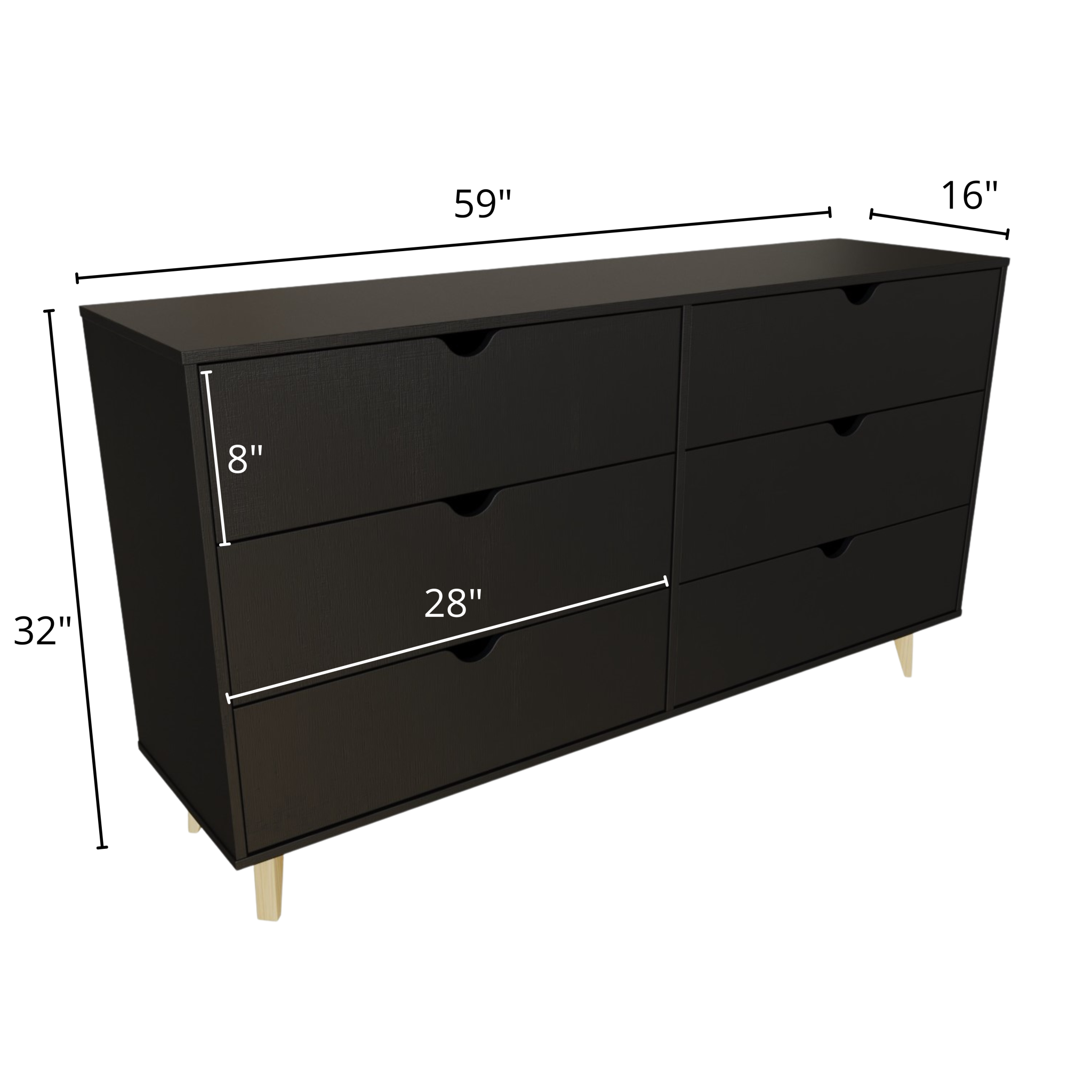 59" Black Scoop Handle Six Drawer Double Dresser