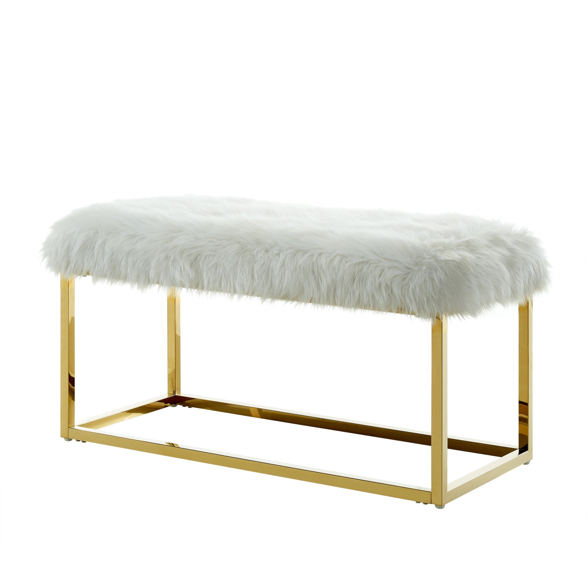 40" White And Gold Upholstered Faux Fur Bench