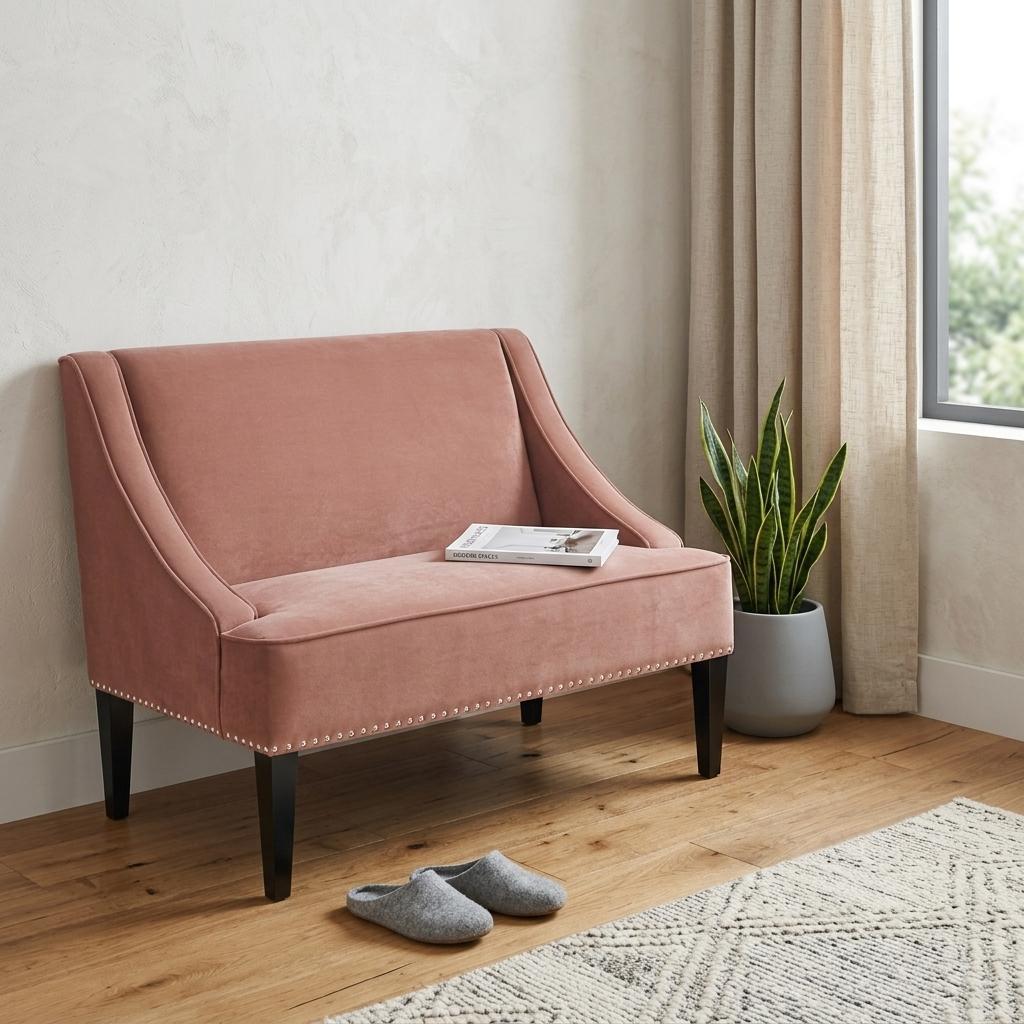 45" Blush And Brown Upholstered Velvet Bench