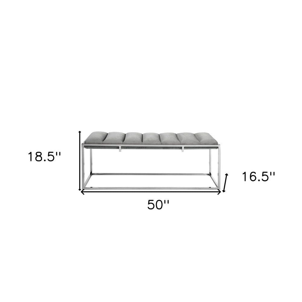 50" Gray and Silver Tufted Velvet Upholstered Bench