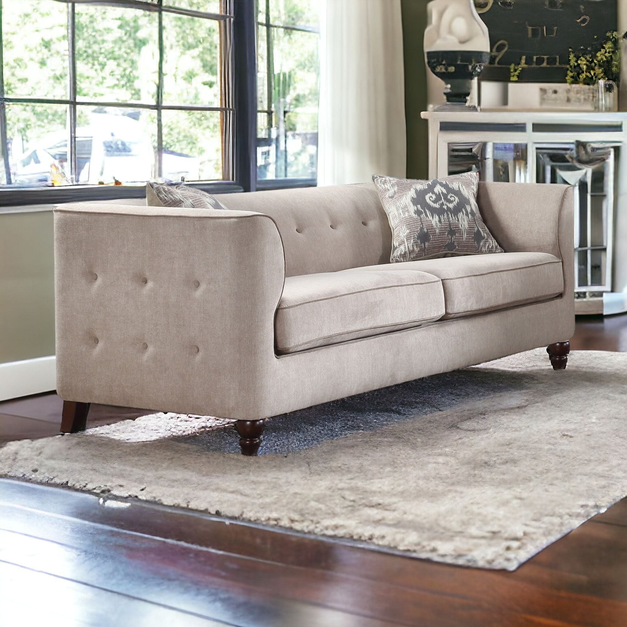 78" Tan Velvet And Black Sofa With Two Toss Pillows