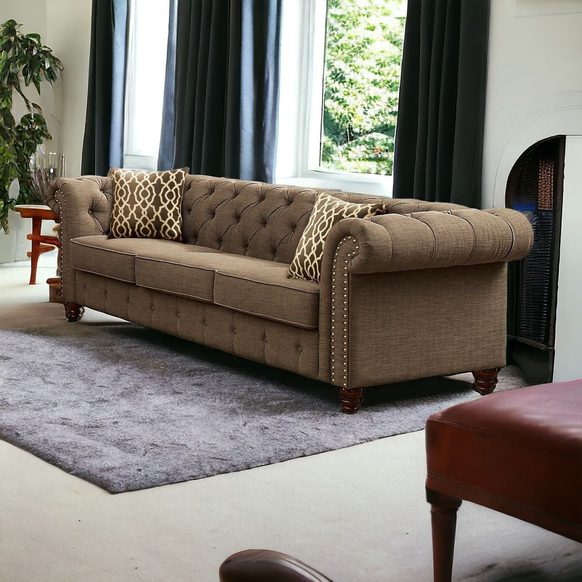 90" Brown Linen Chesterfield Sofa And Toss Pillows