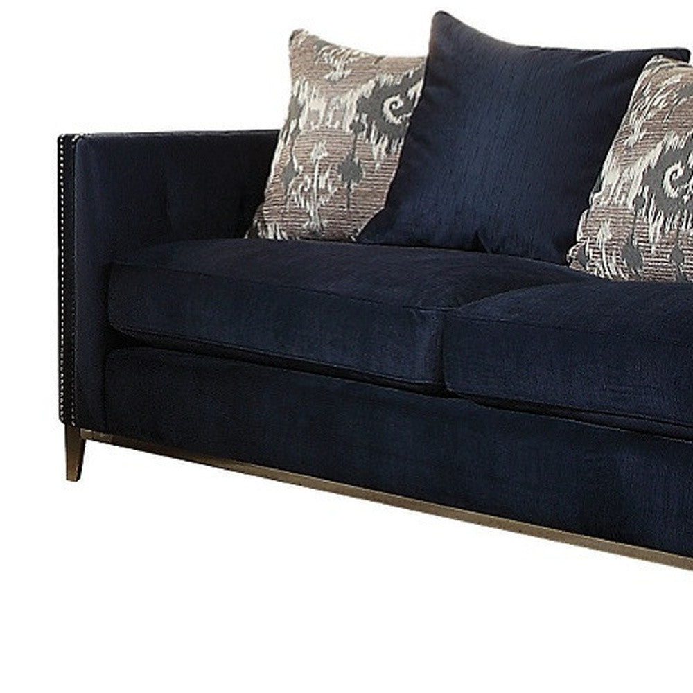 95" Blue And Silver Velvet Sofa And Toss Pillows