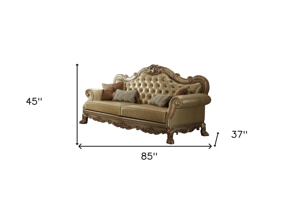 85" Bone Faux Leather Wood Sofa With Toss Pillows