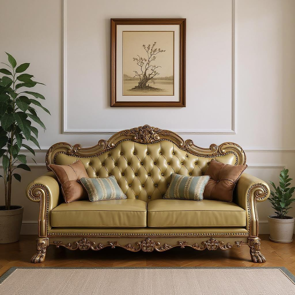 85" Bone Faux Leather Wood Sofa With Toss Pillows