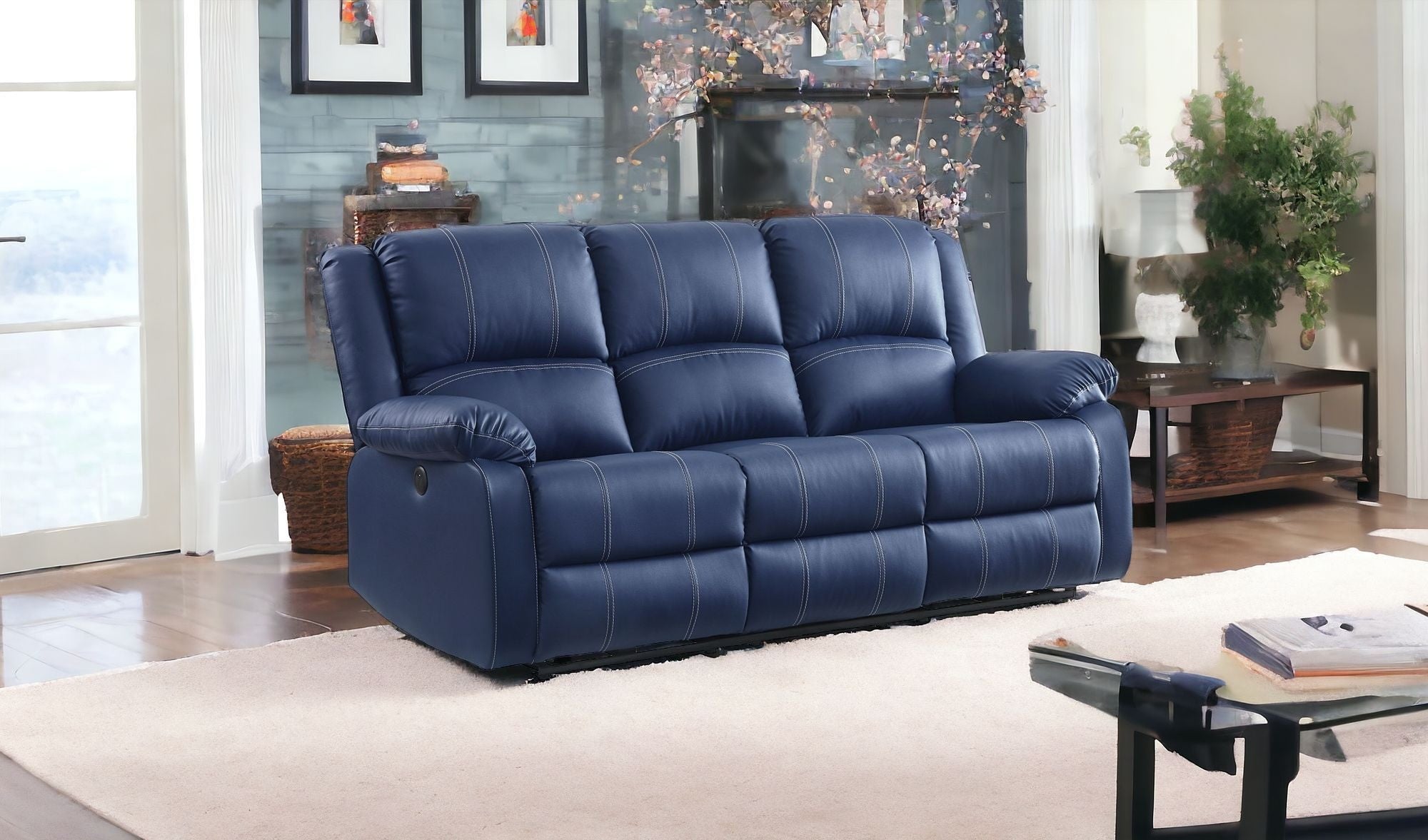 81" Blue And Black Faux Leather Reclining USB Sofa