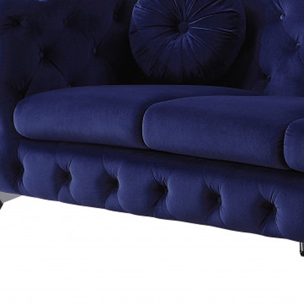 90" Blue Velvet Chesterfield Sofa With Silver Legs