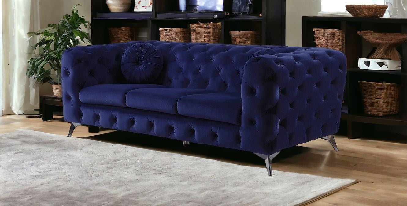 90" Blue Velvet Sofa With Silver Legs