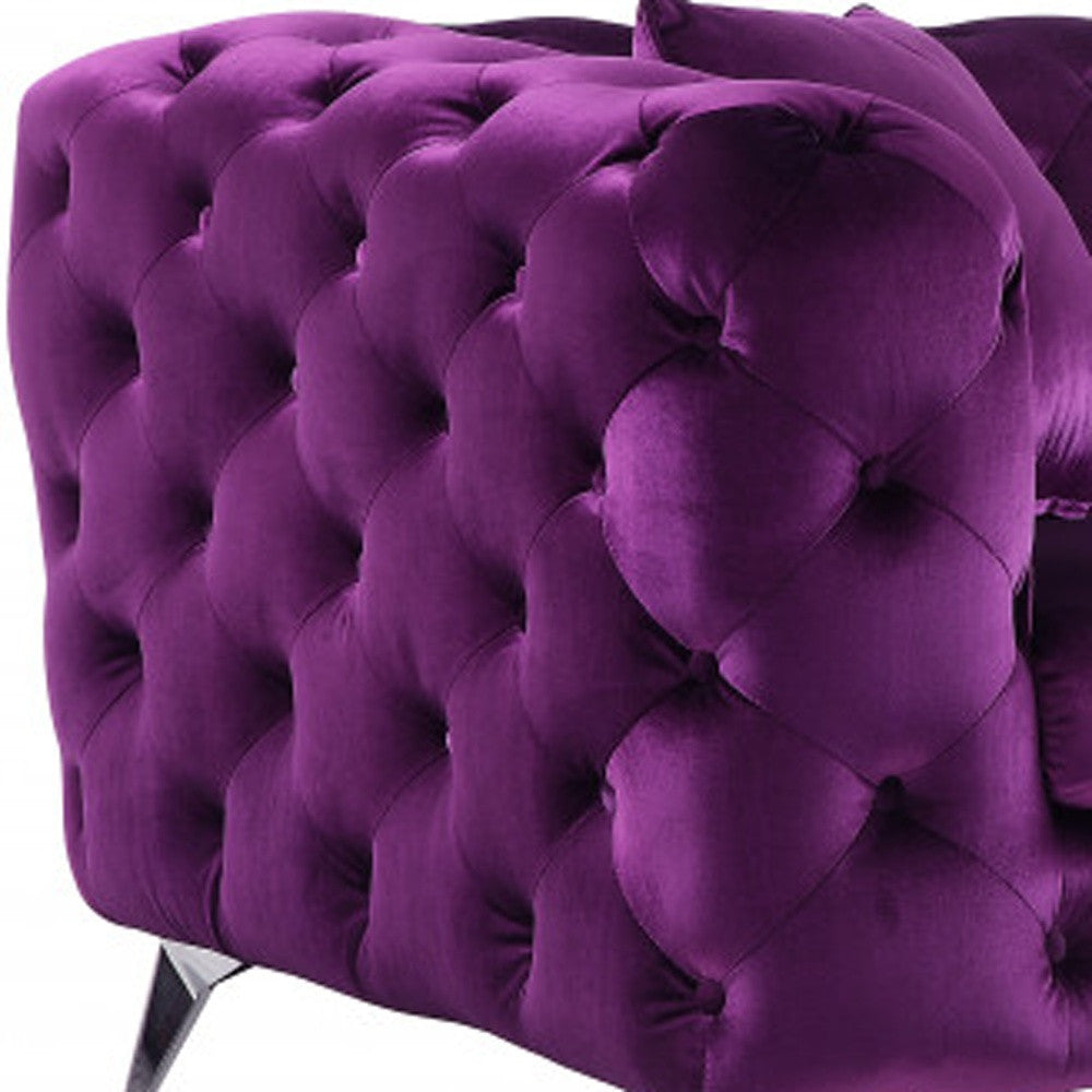 90" Purple And Silver Velvet Sofa