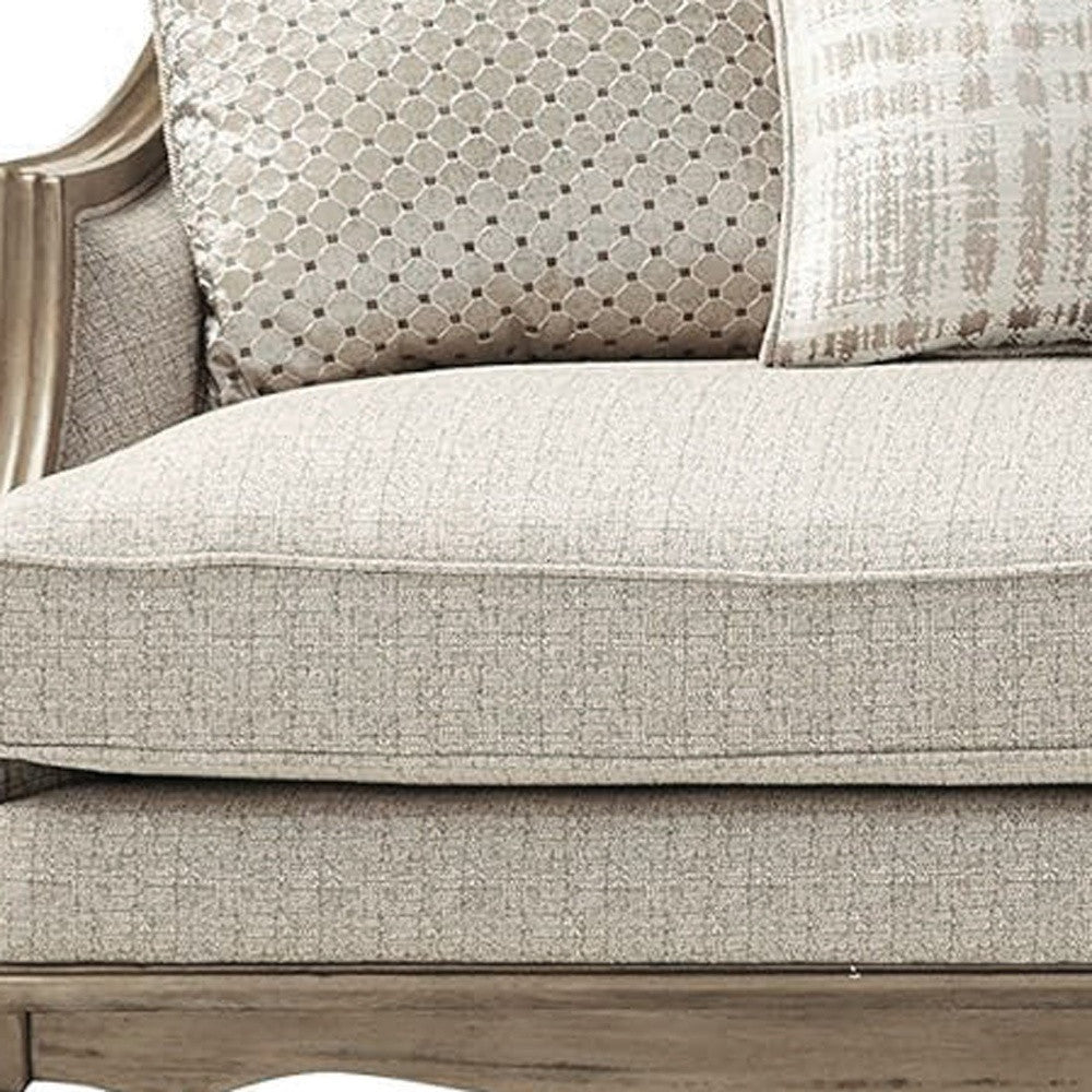 86" Brown And Beige Upholstered Solid Wood Sofa With Toss Pillows