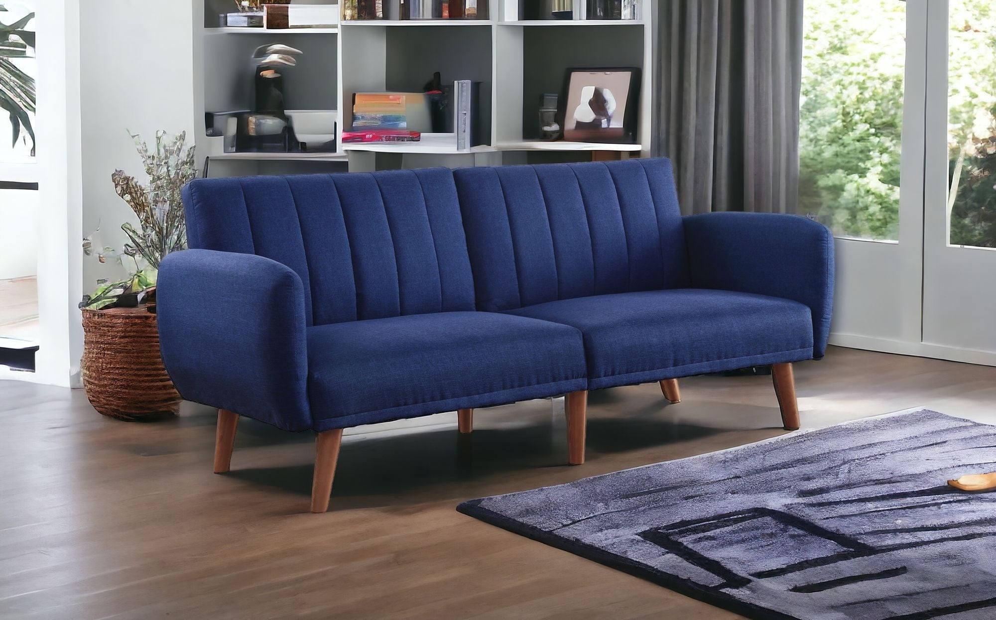 76" Blue Linen Convertible Futon Sleeper Sofa With Wood Brown Legs