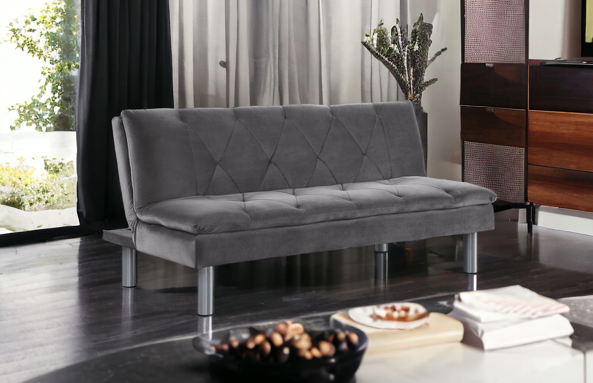 66" Gray Velvet And Silver Sleeper Sofa