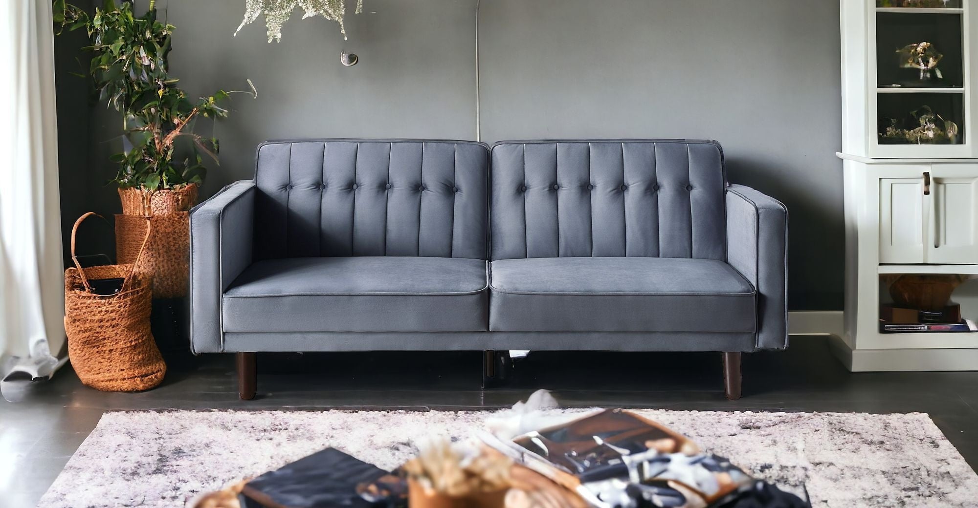 79" Dark Gray Velvet And Black Sleeper Sofa