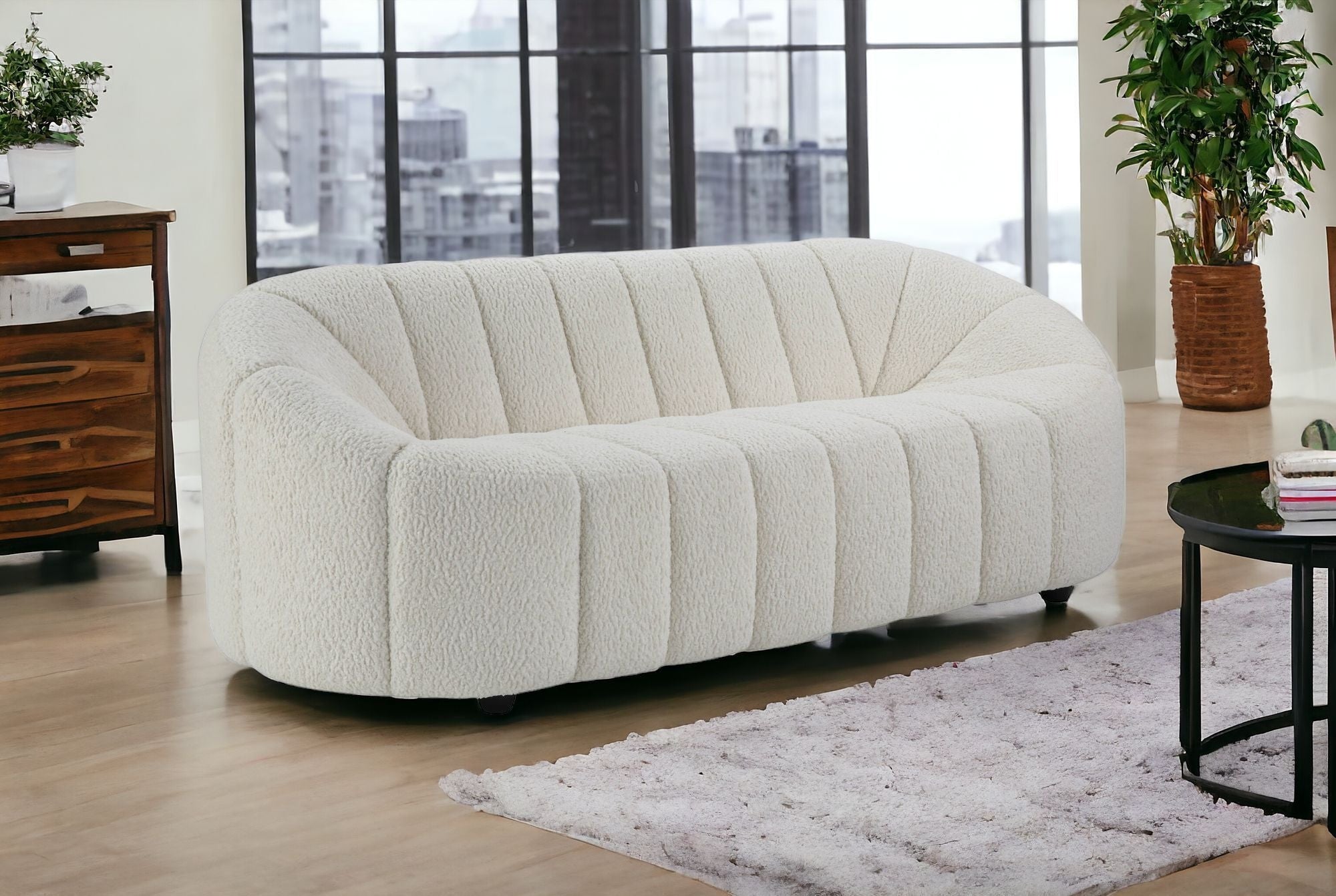 84" White Sherpa Sofa With Black Legs