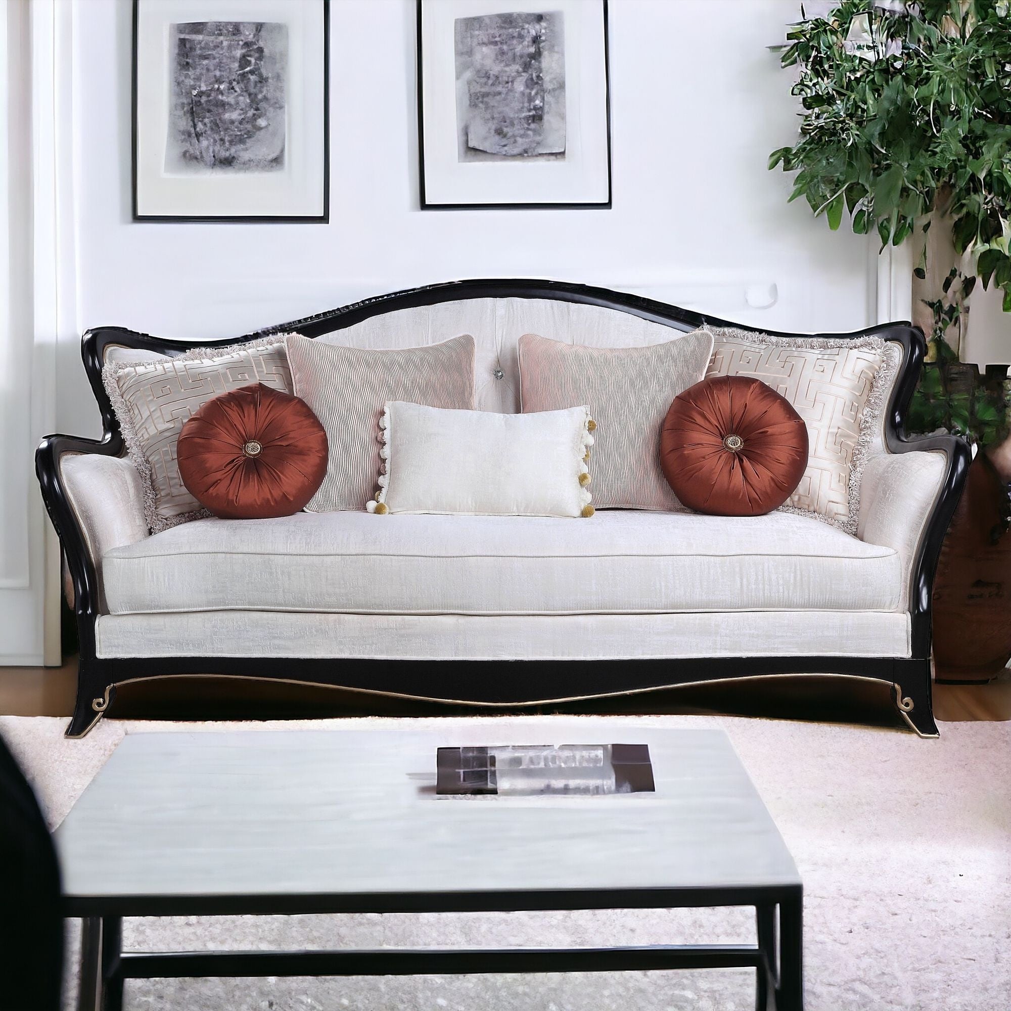 86" Beige Sofa And Toss Pillows With Black Legs