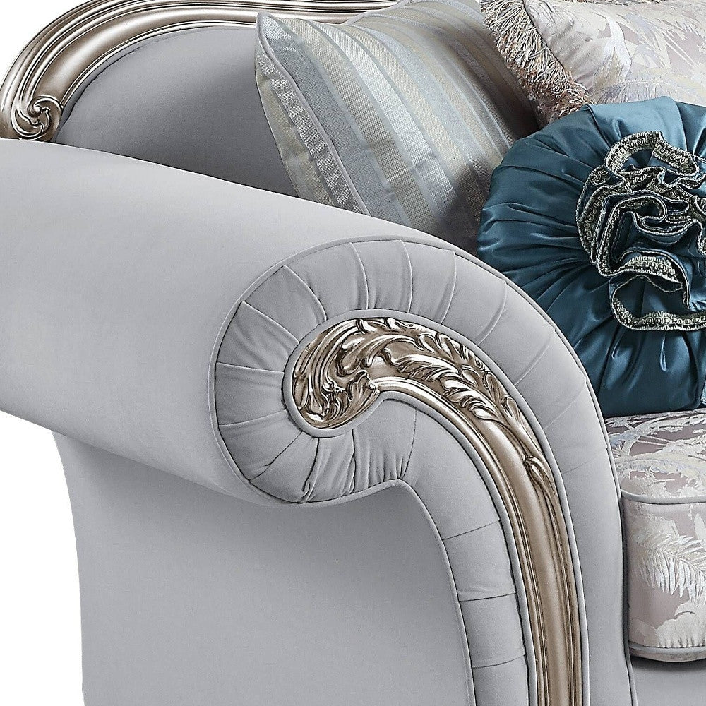 95" Light Gray And Platinum Linen Sofa And Toss Pillows