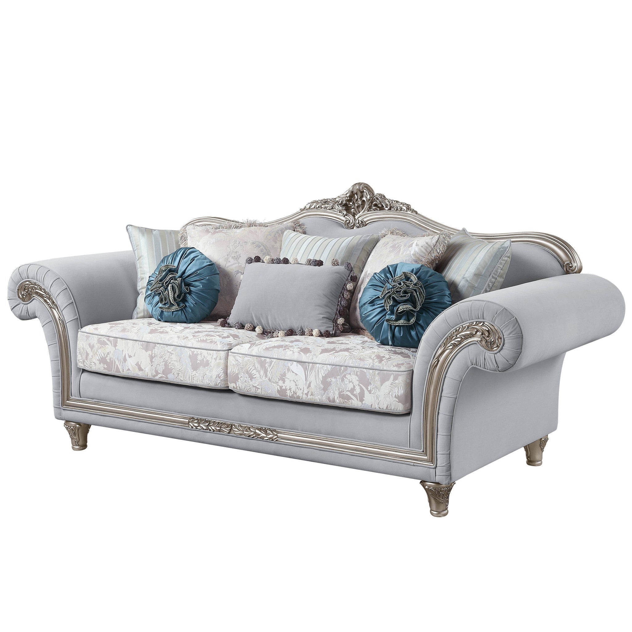 95" Light Gray And Platinum Linen Sofa And Toss Pillows