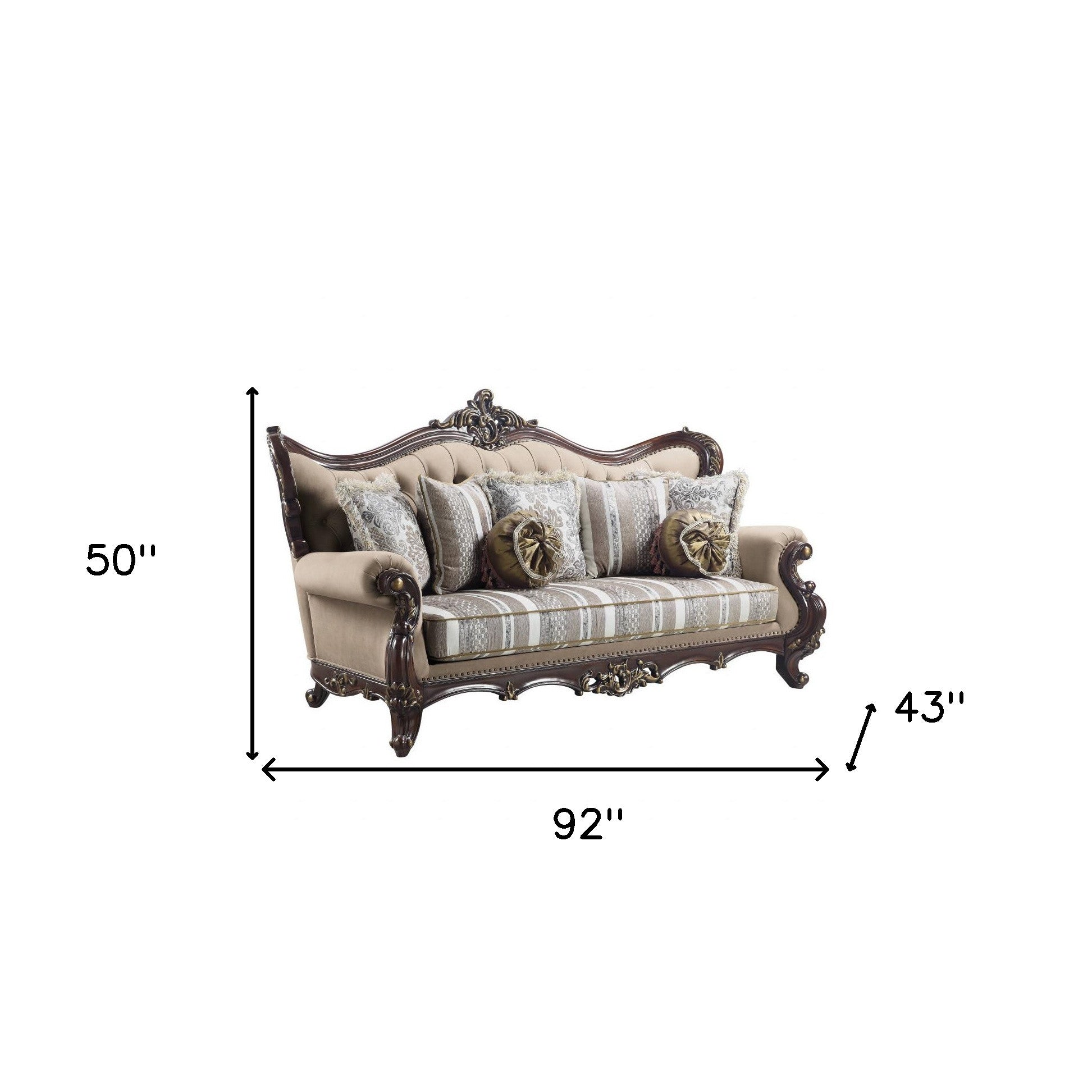 92" Brown Linen Sofa And Toss Pillows