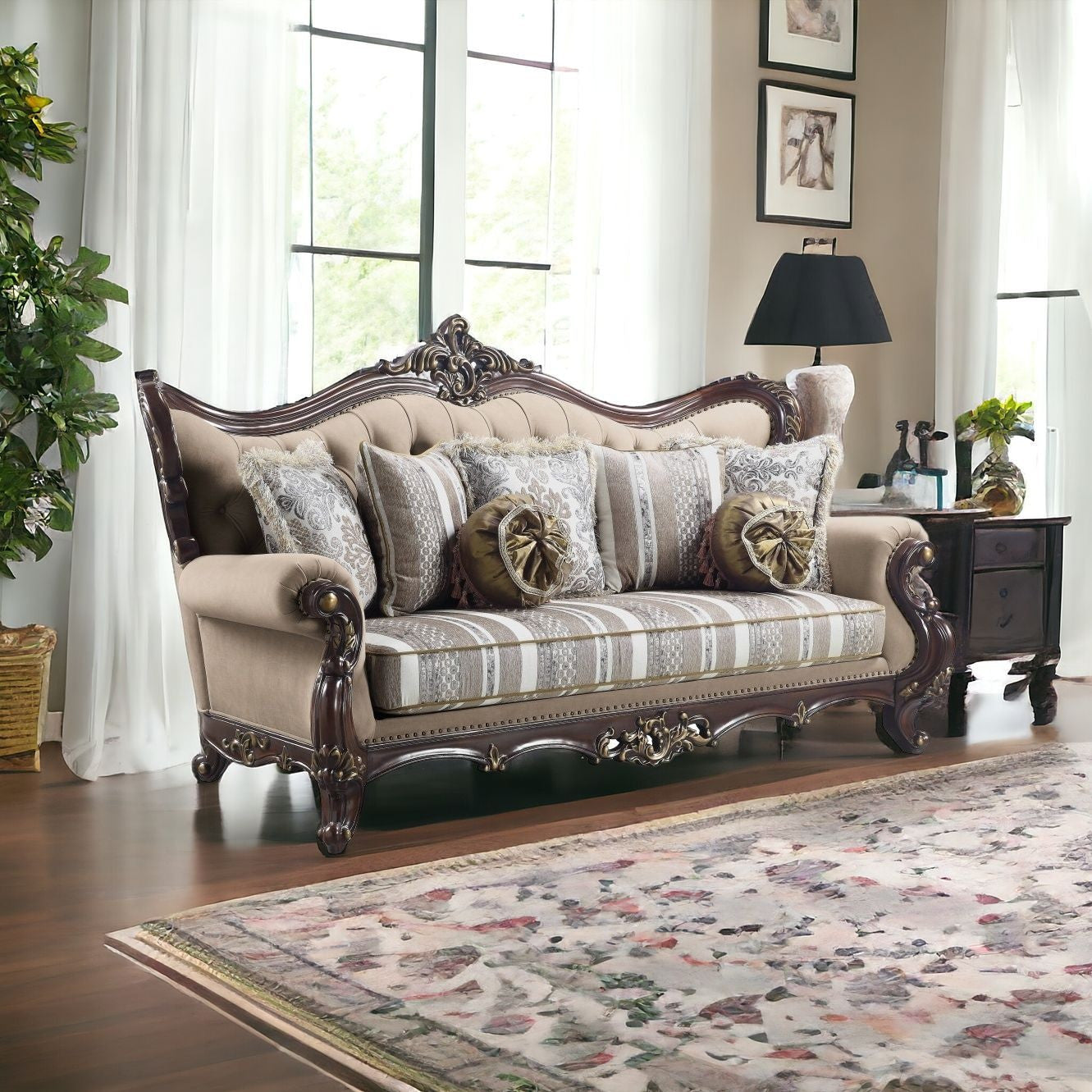 92" Brown Linen Damask Sofa And Toss Pillows